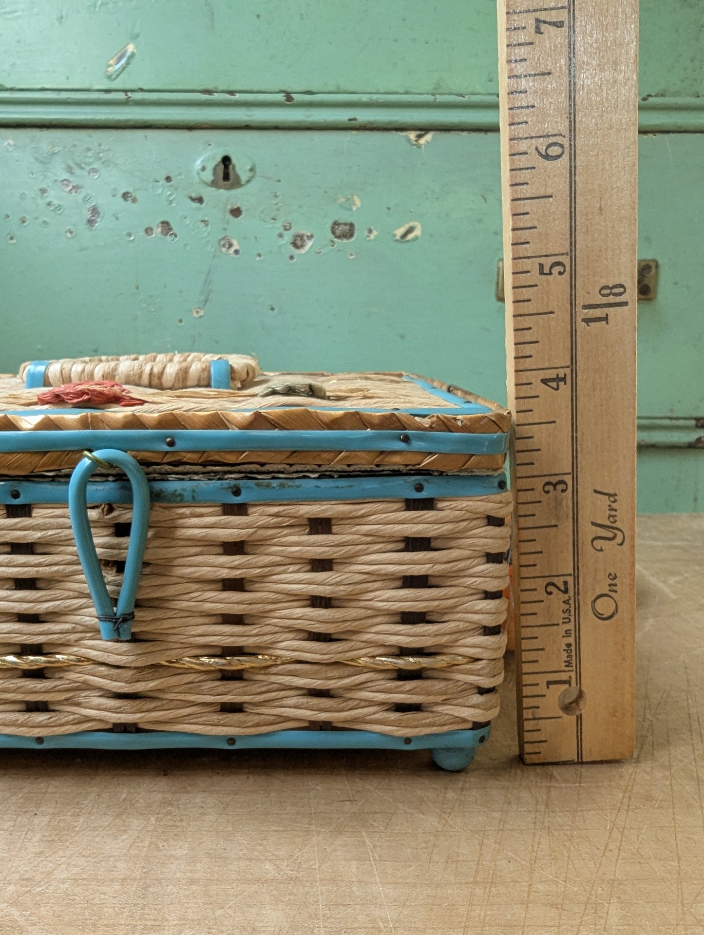 Woven sewing box with contents