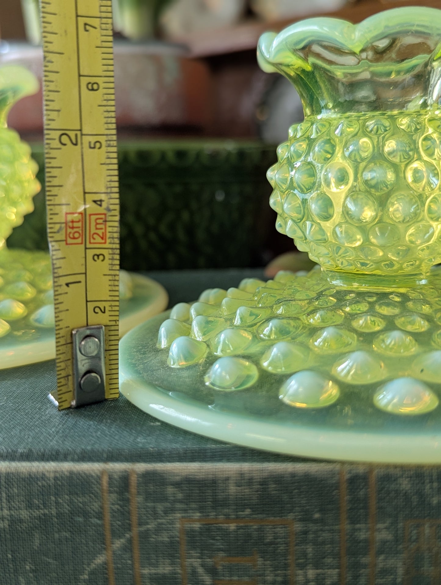 Yellow hobnail candlesticks