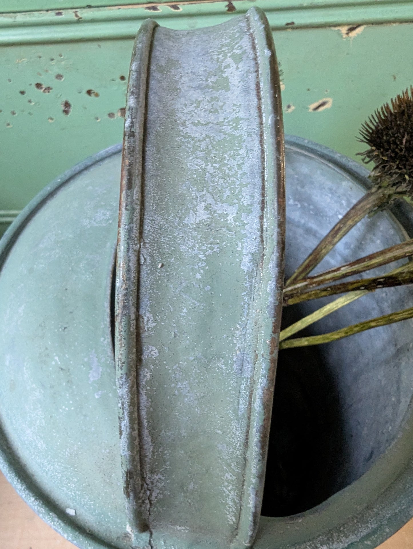 Green painted galvanized watering can