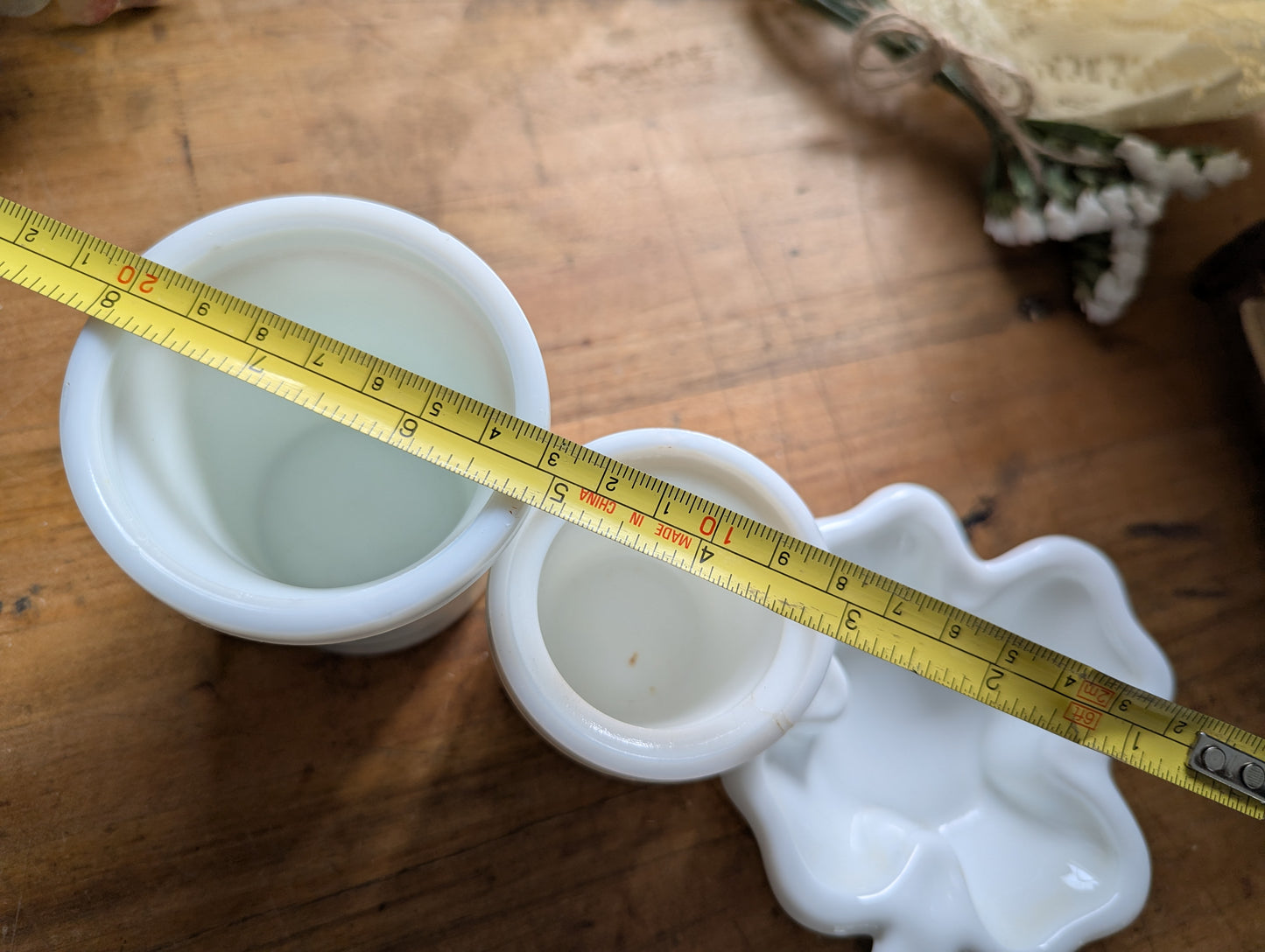 Milk glass collection of 3, clover, cheese crocks