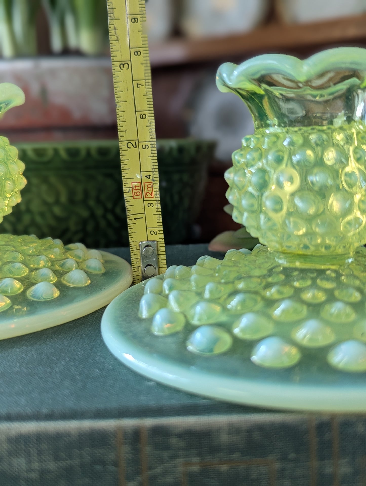 Yellow hobnail candlesticks