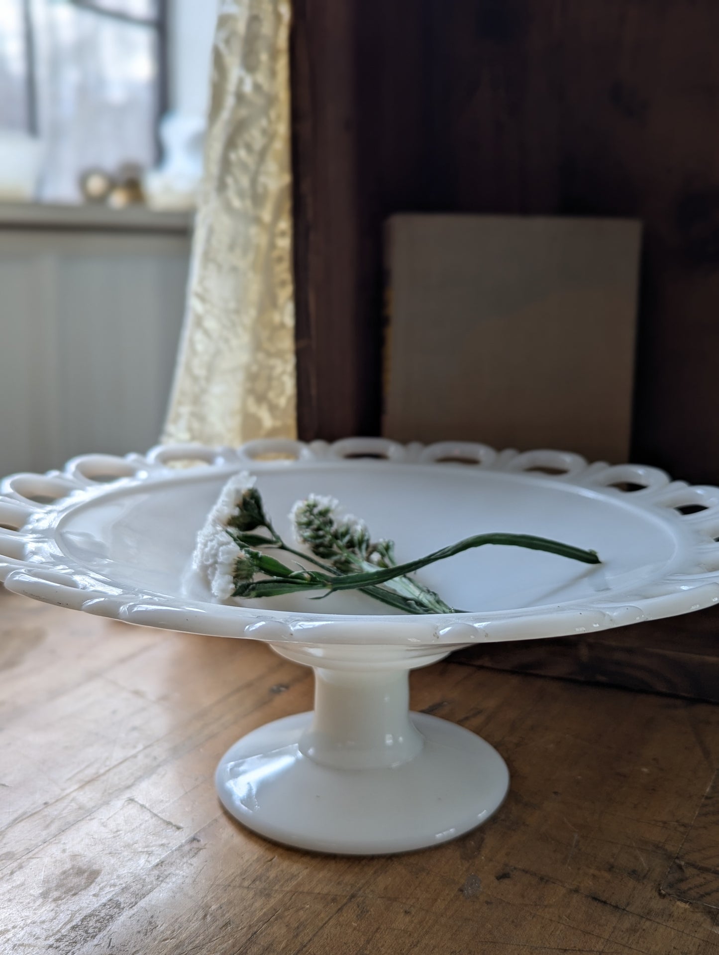 Vtg 11" Anchor Hocking Colony Milk Glass Laced Edge Pedestal Base