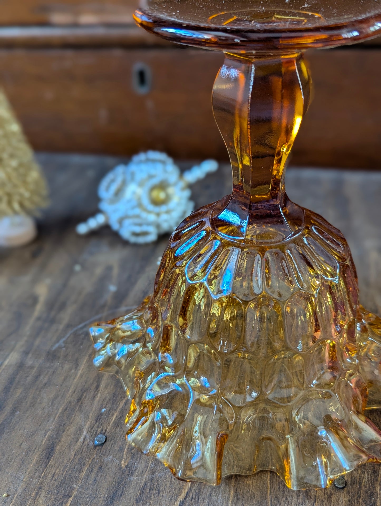 Amber glass ruffle compote pedestal