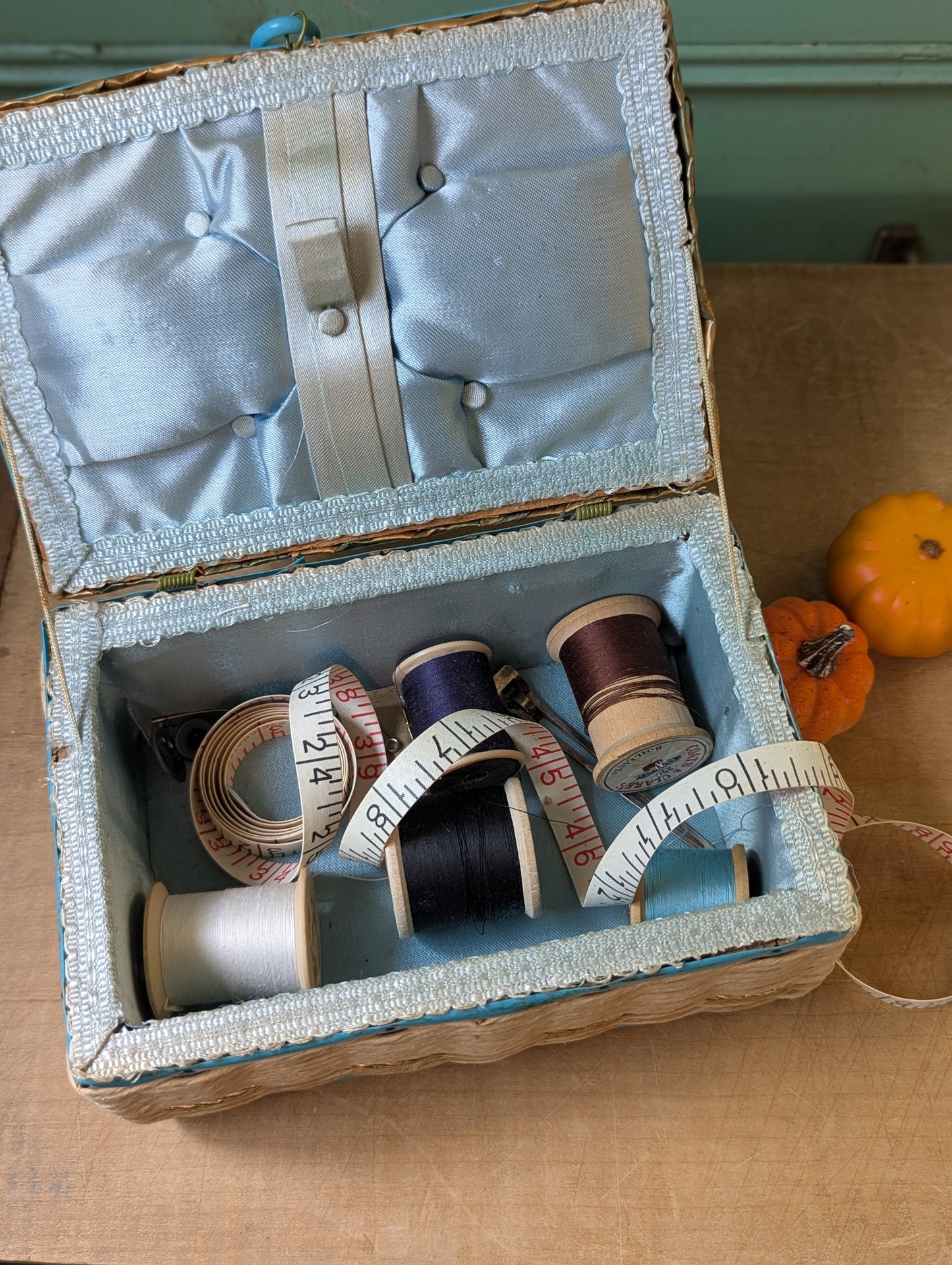 Woven sewing box with contents
