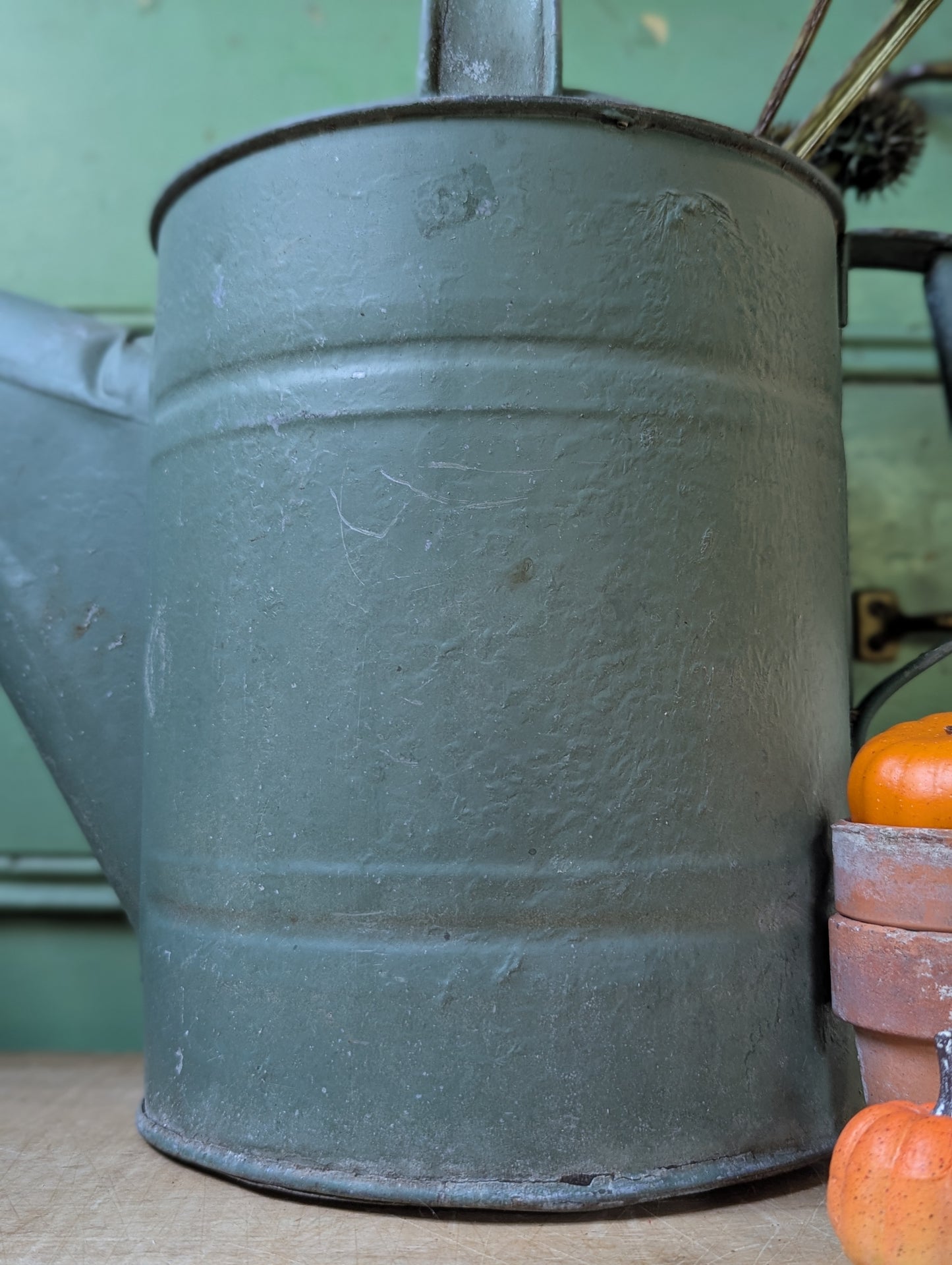 Green painted galvanized watering can