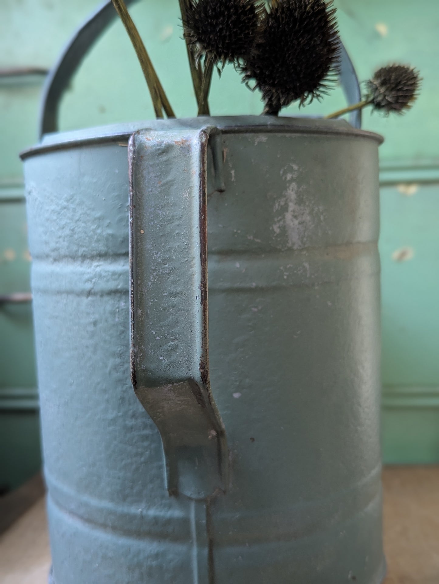 Green painted galvanized watering can