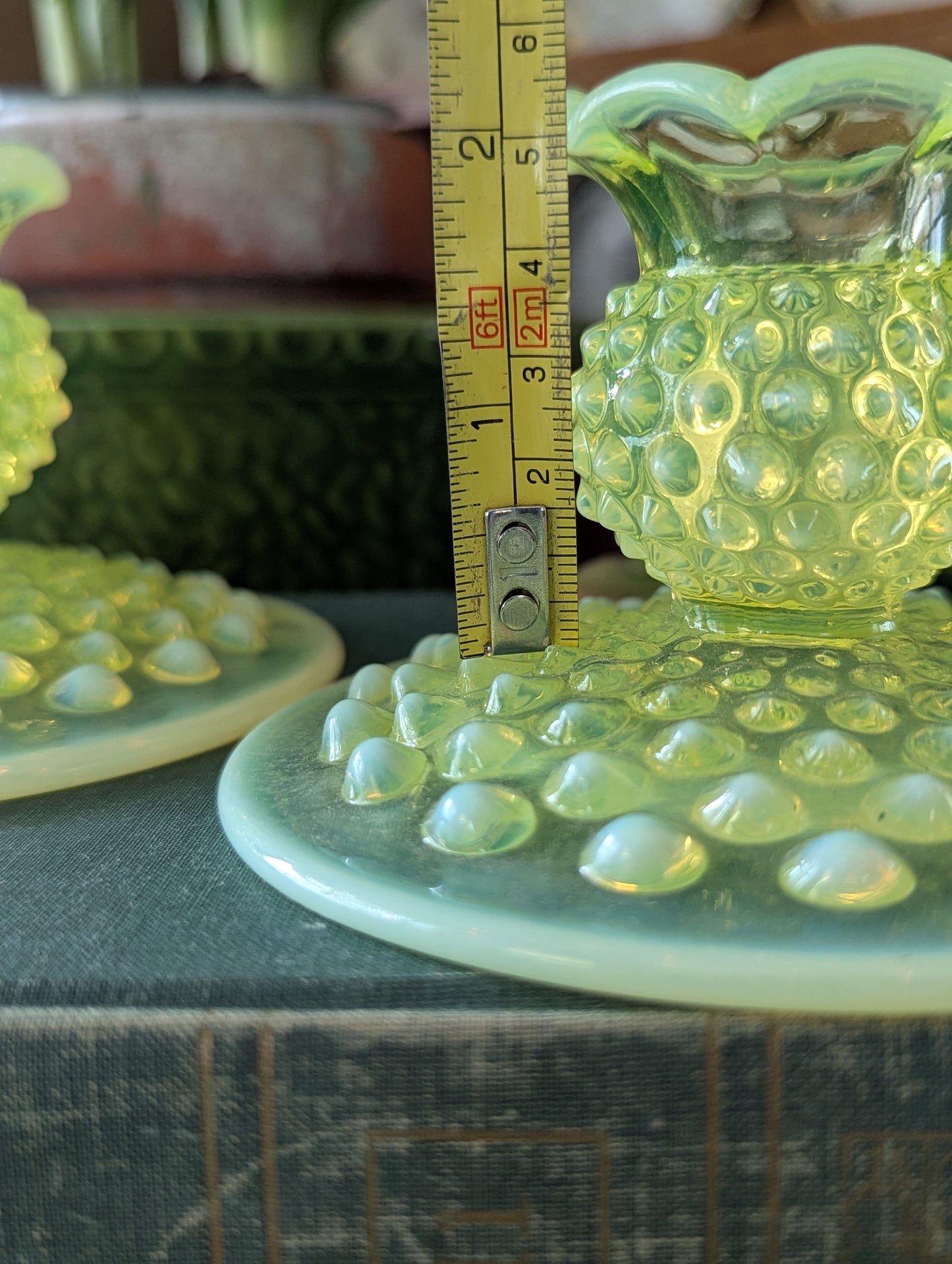 Yellow hobnail candlesticks