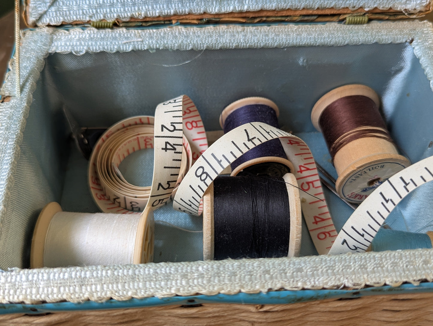 Woven sewing box with contents