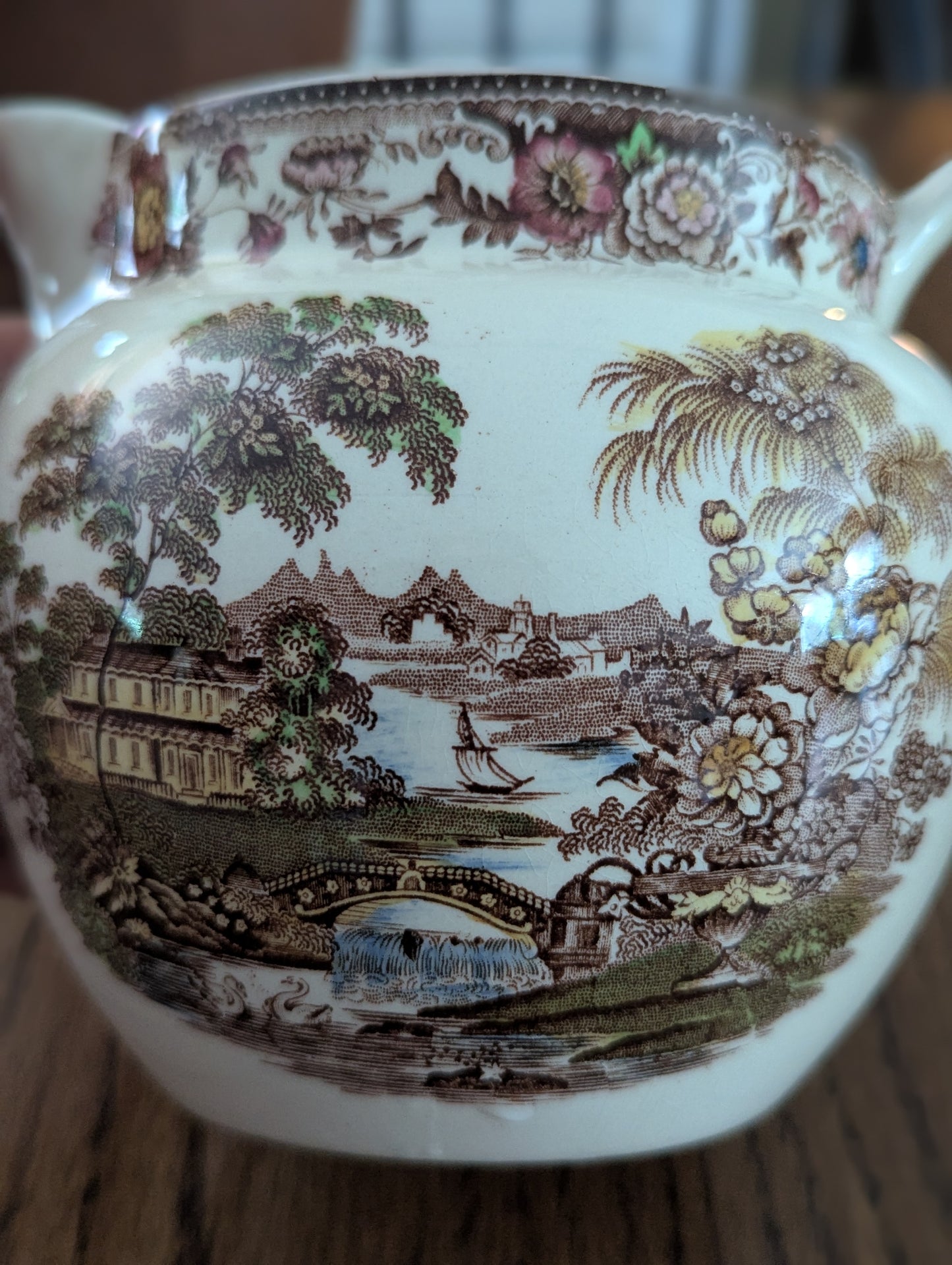 English Royal Staffordshire brown transferware pitcher