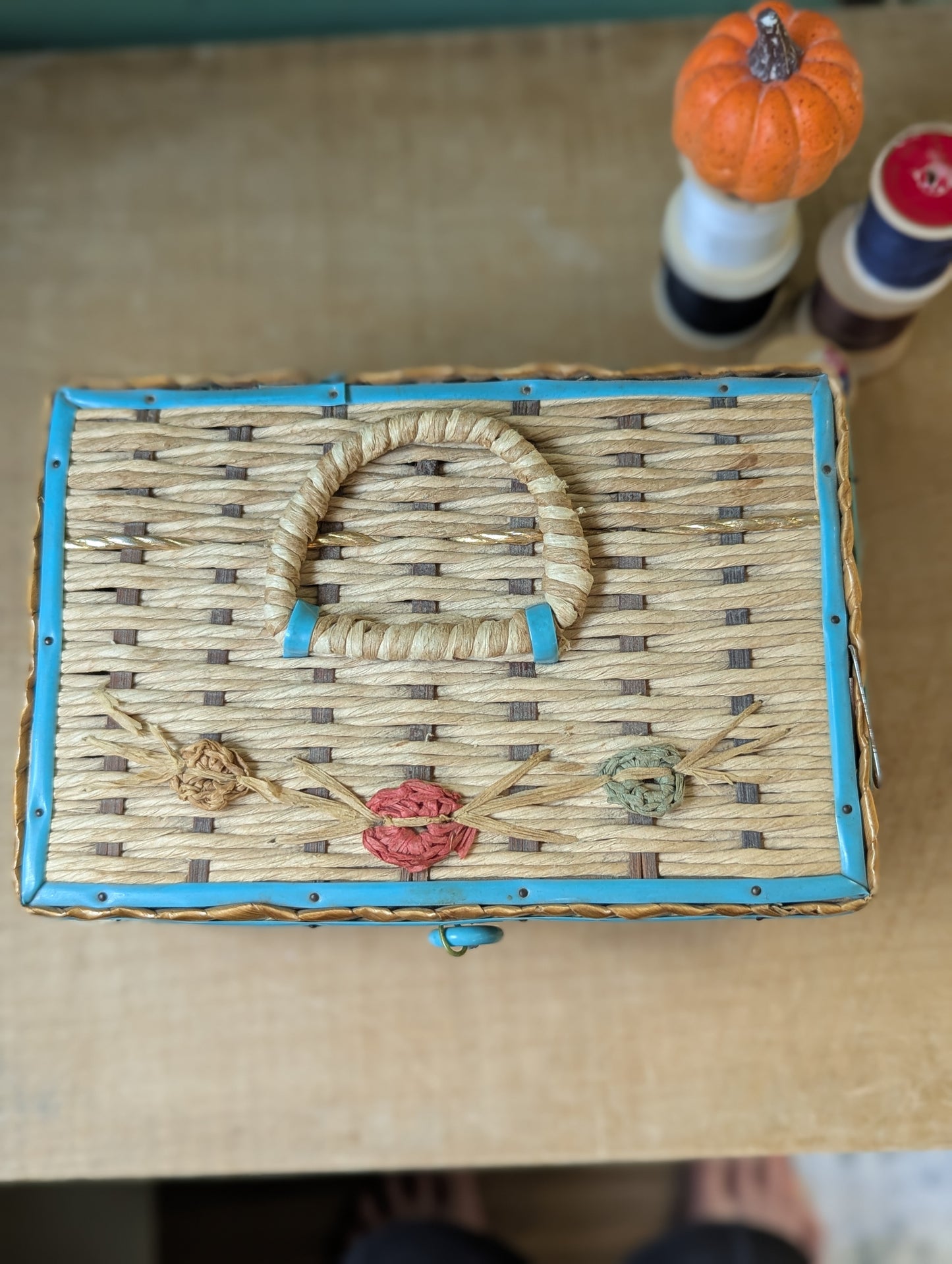 Woven sewing box with contents