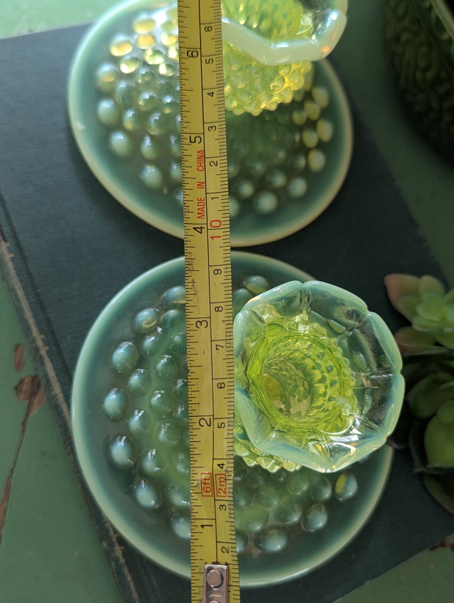Yellow hobnail candlesticks