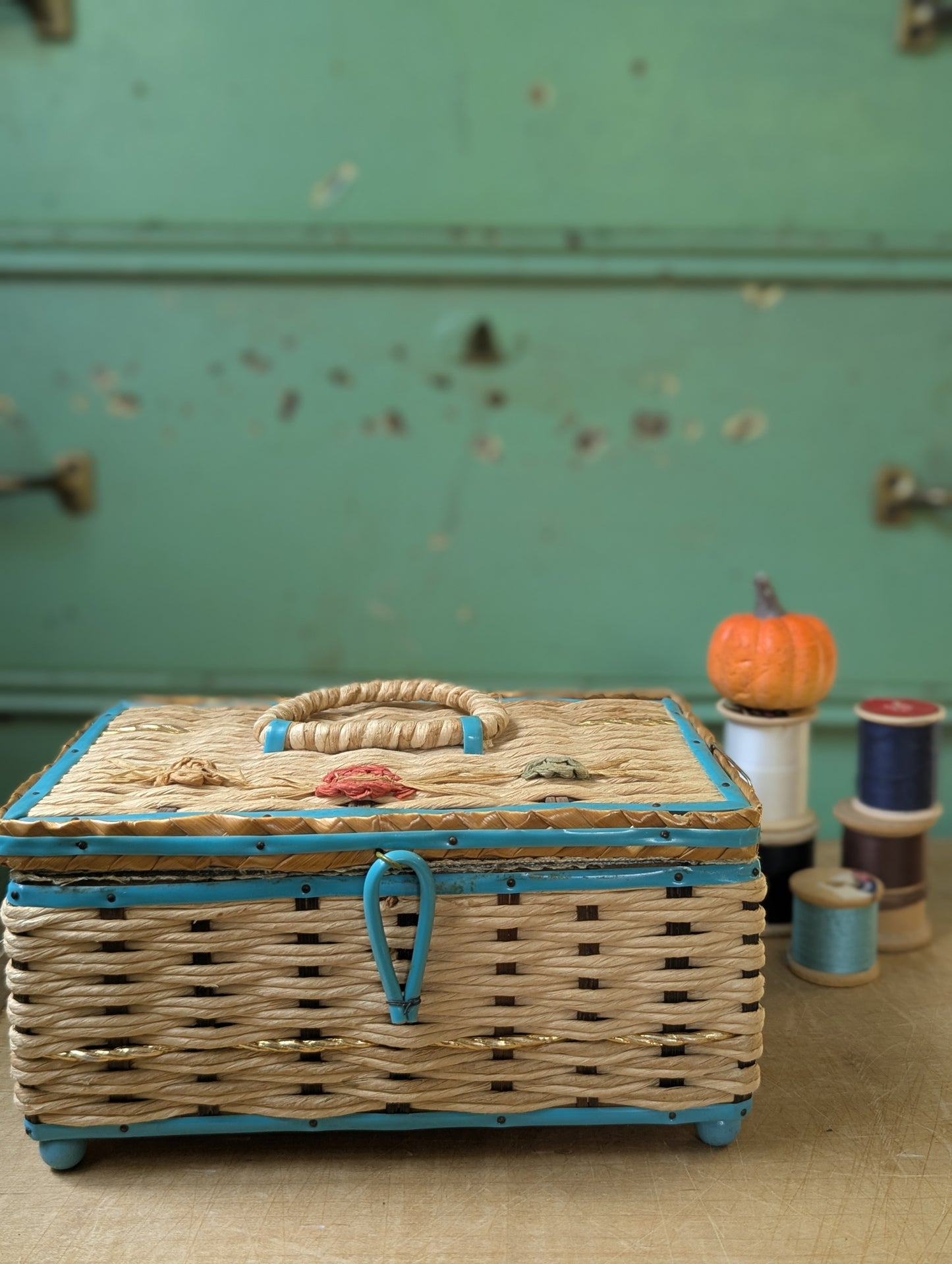 Woven sewing box with contents