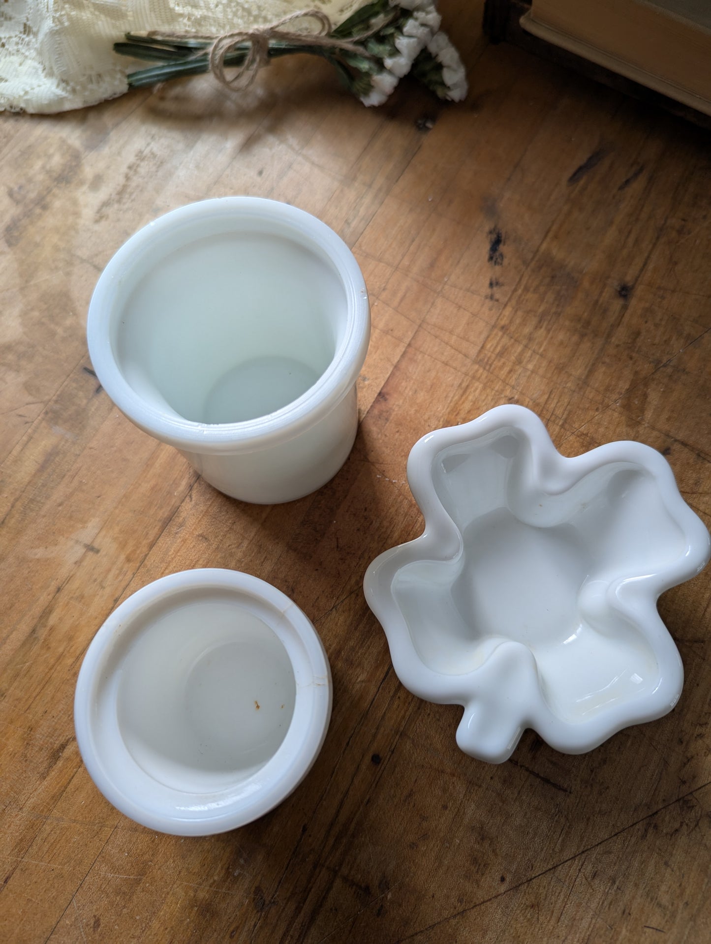Milk glass collection of 3, clover, cheese crocks