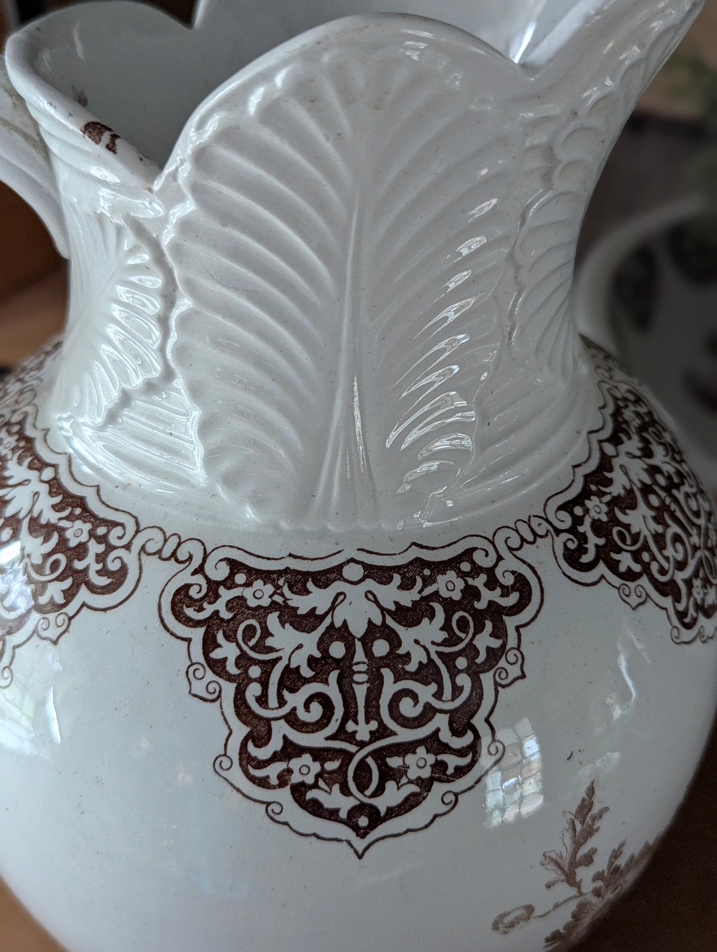 Brown English transferware pitcher and basin