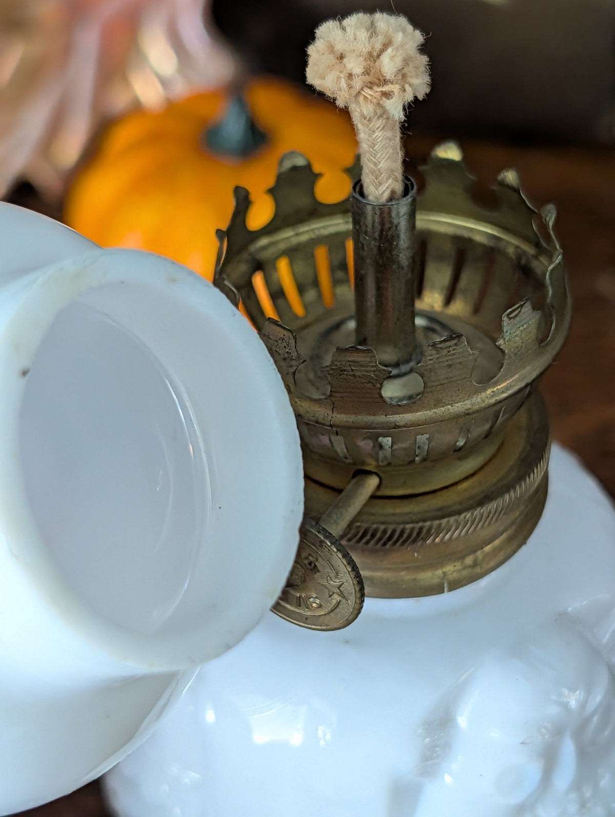 Owl milk glass oil lamp