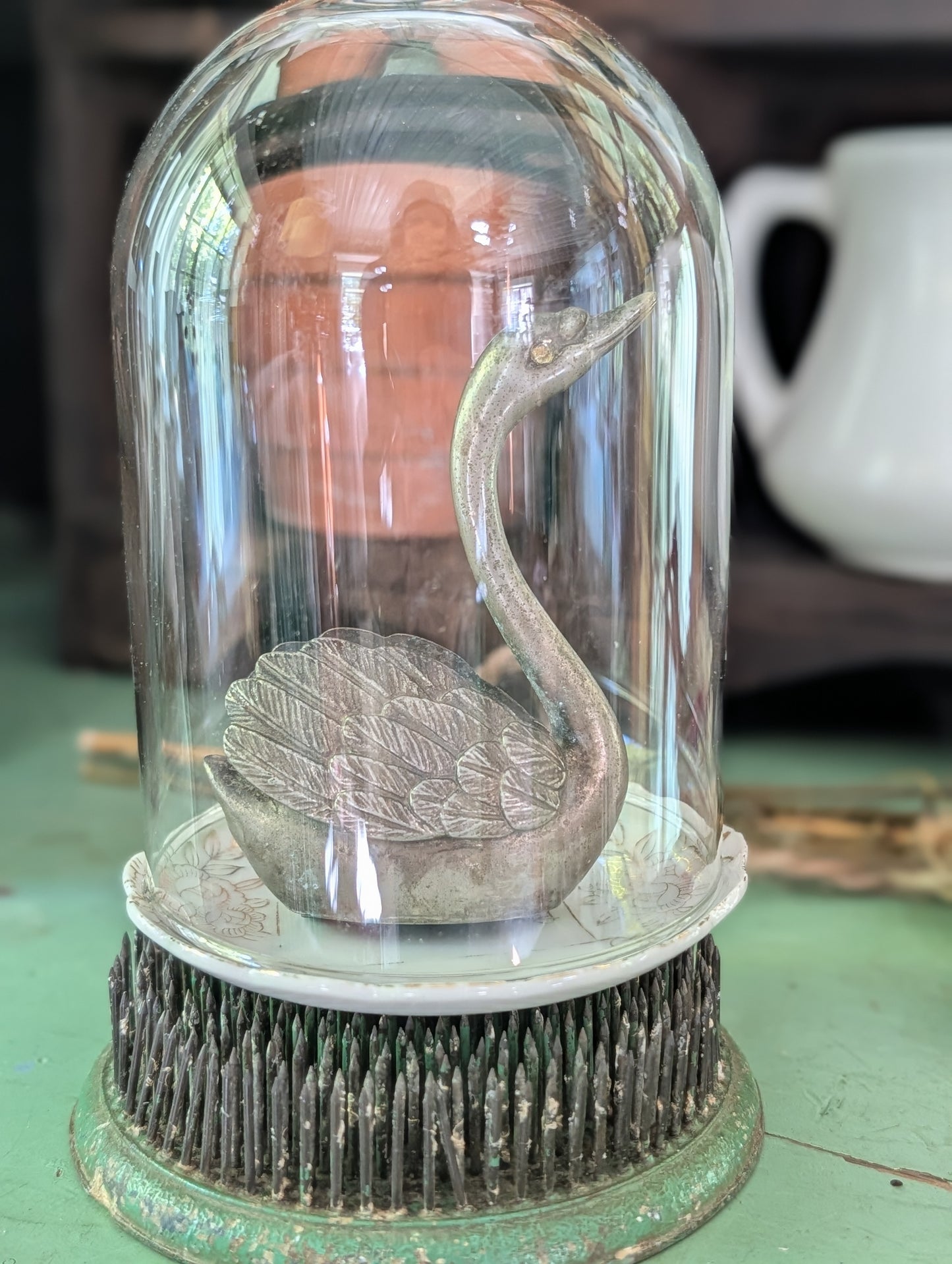 Swan, cloche, butter pat, flower frog collection