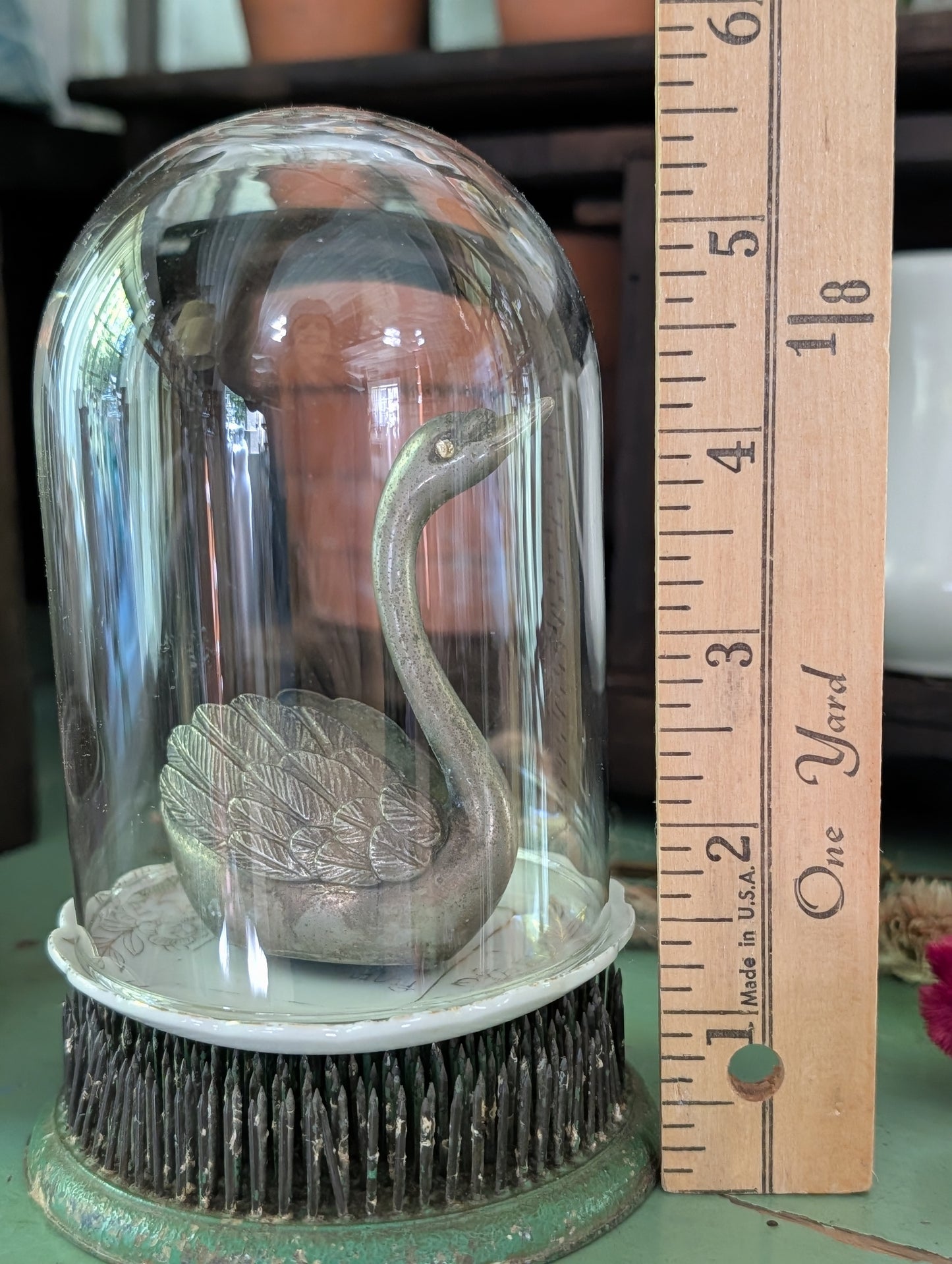 Swan, cloche, butter pat, flower frog collection