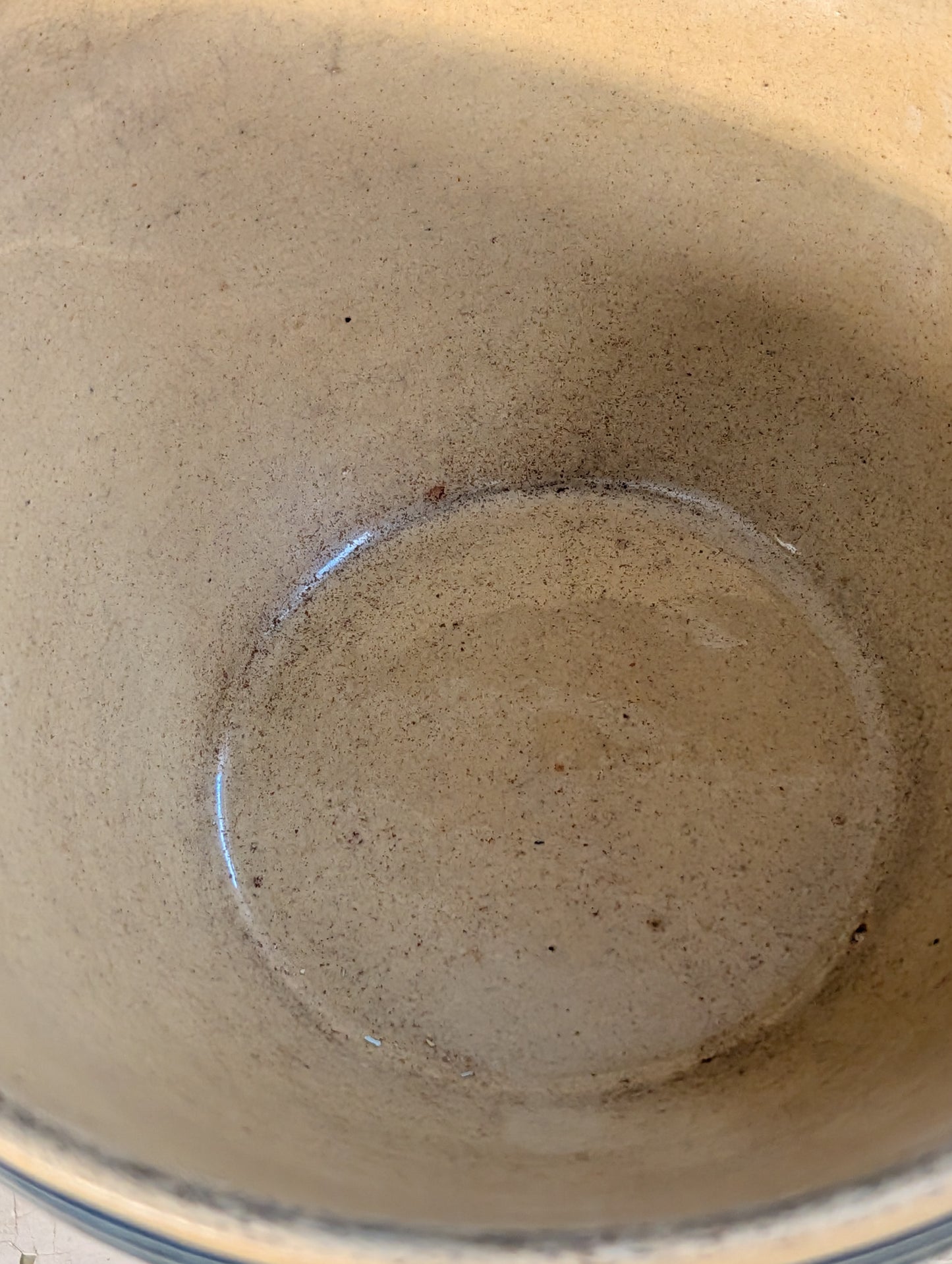 Yellow ware blue striped mixing bowl