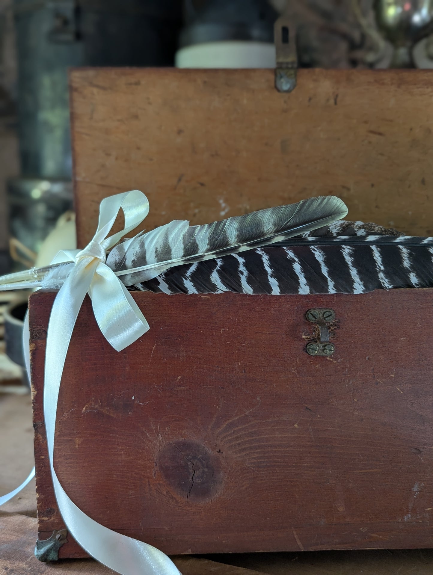 Vintage wooden box with hinged lid