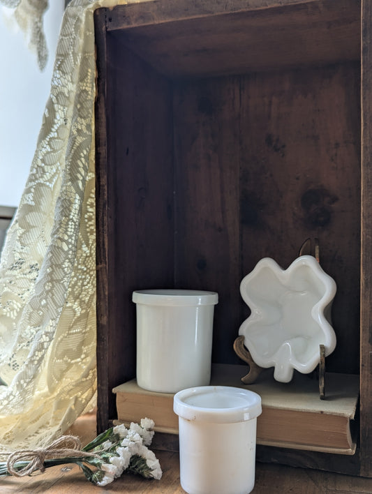 Milk glass collection of 3, clover, cheese crocks