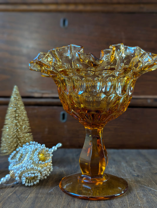 Amber glass ruffle compote pedestal