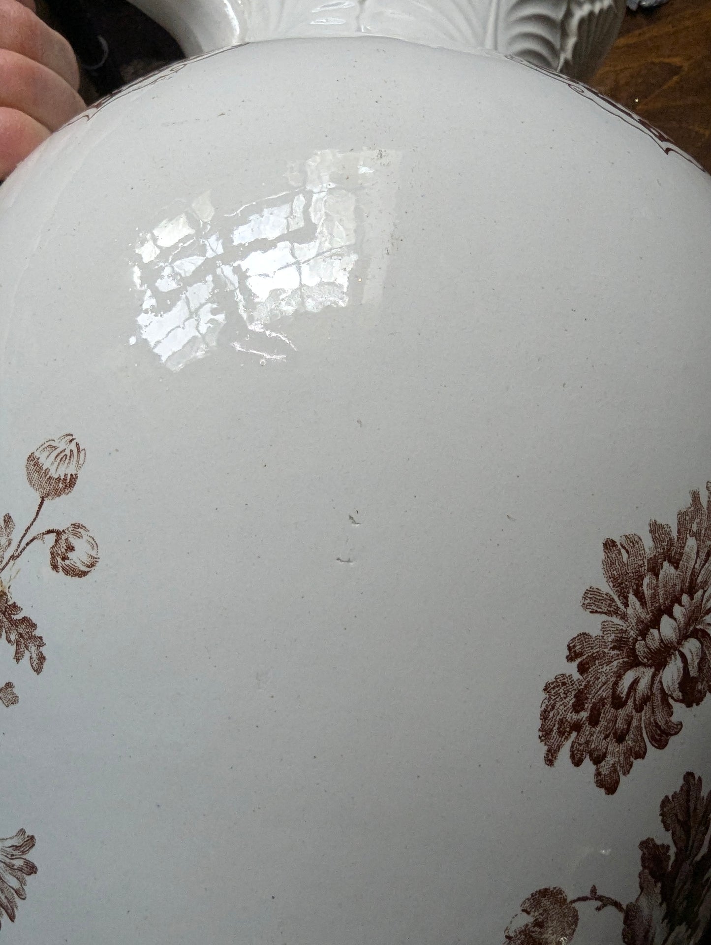 Brown English transferware pitcher and basin
