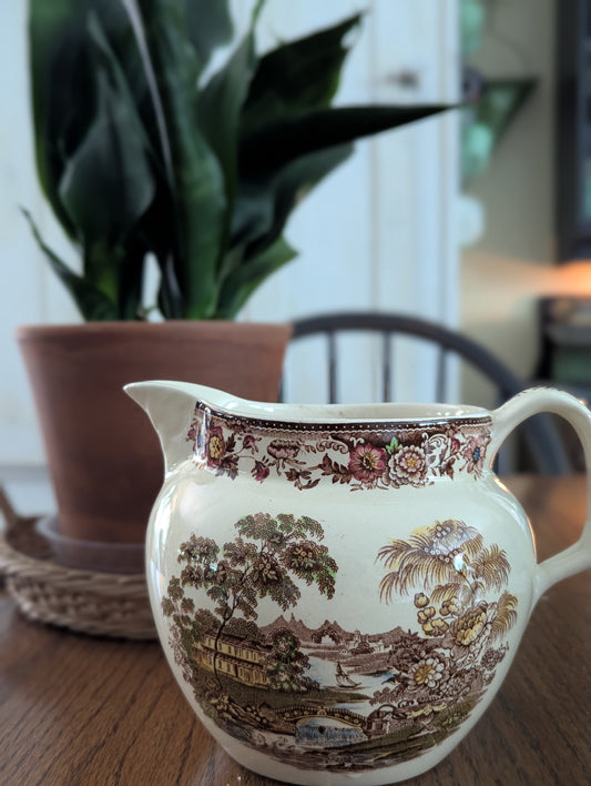 English Royal Staffordshire brown transferware pitcher
