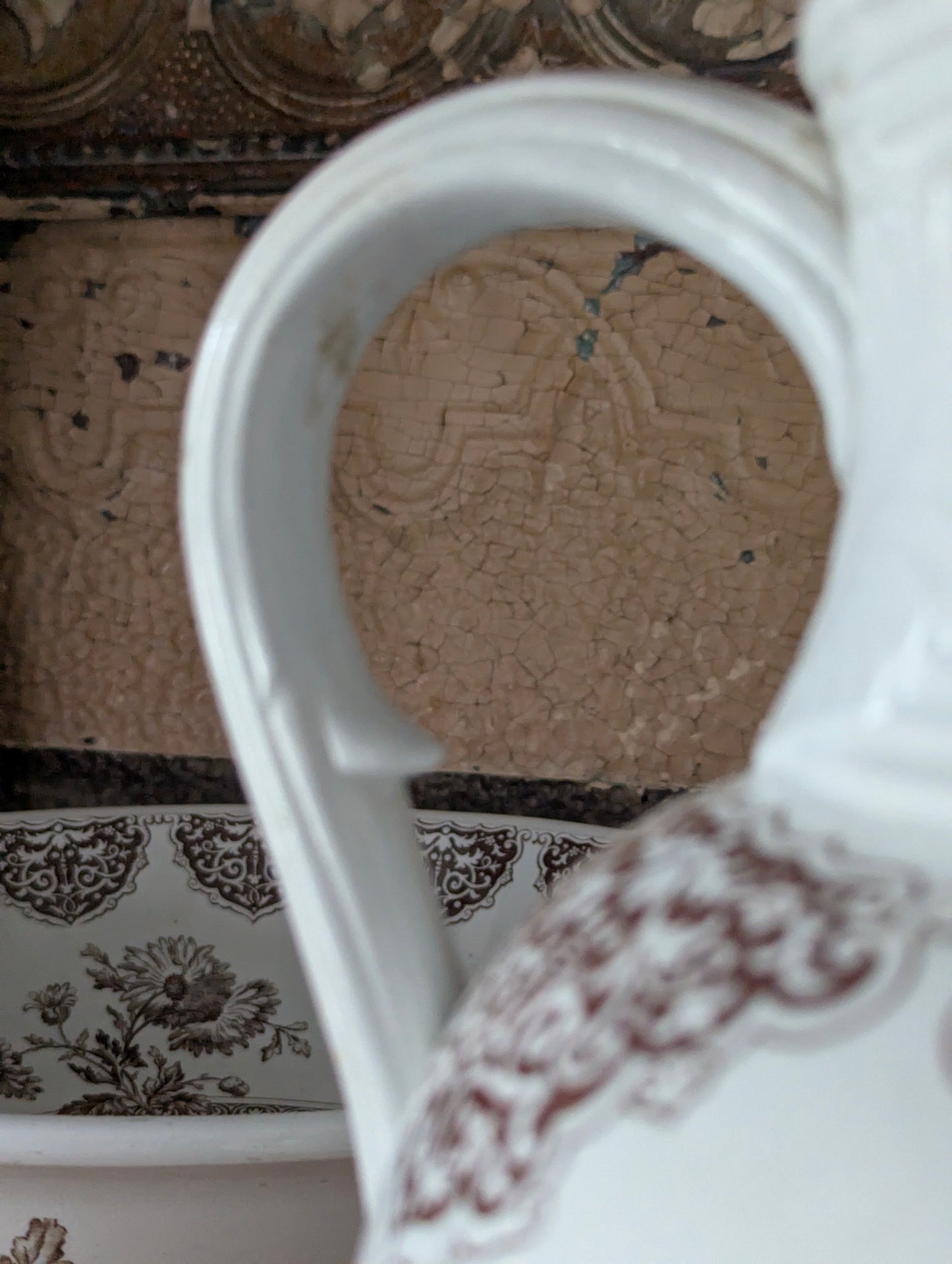 Brown English transferware pitcher and basin