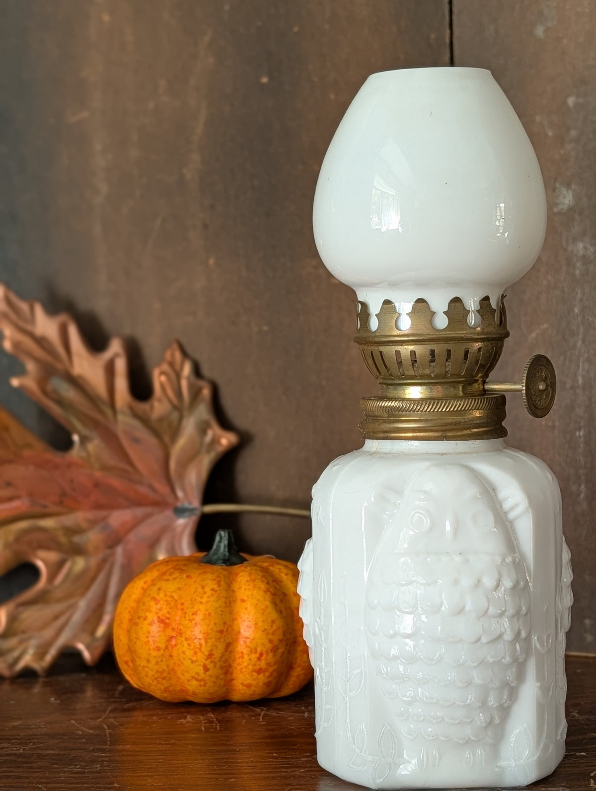 Owl milk glass oil lamp