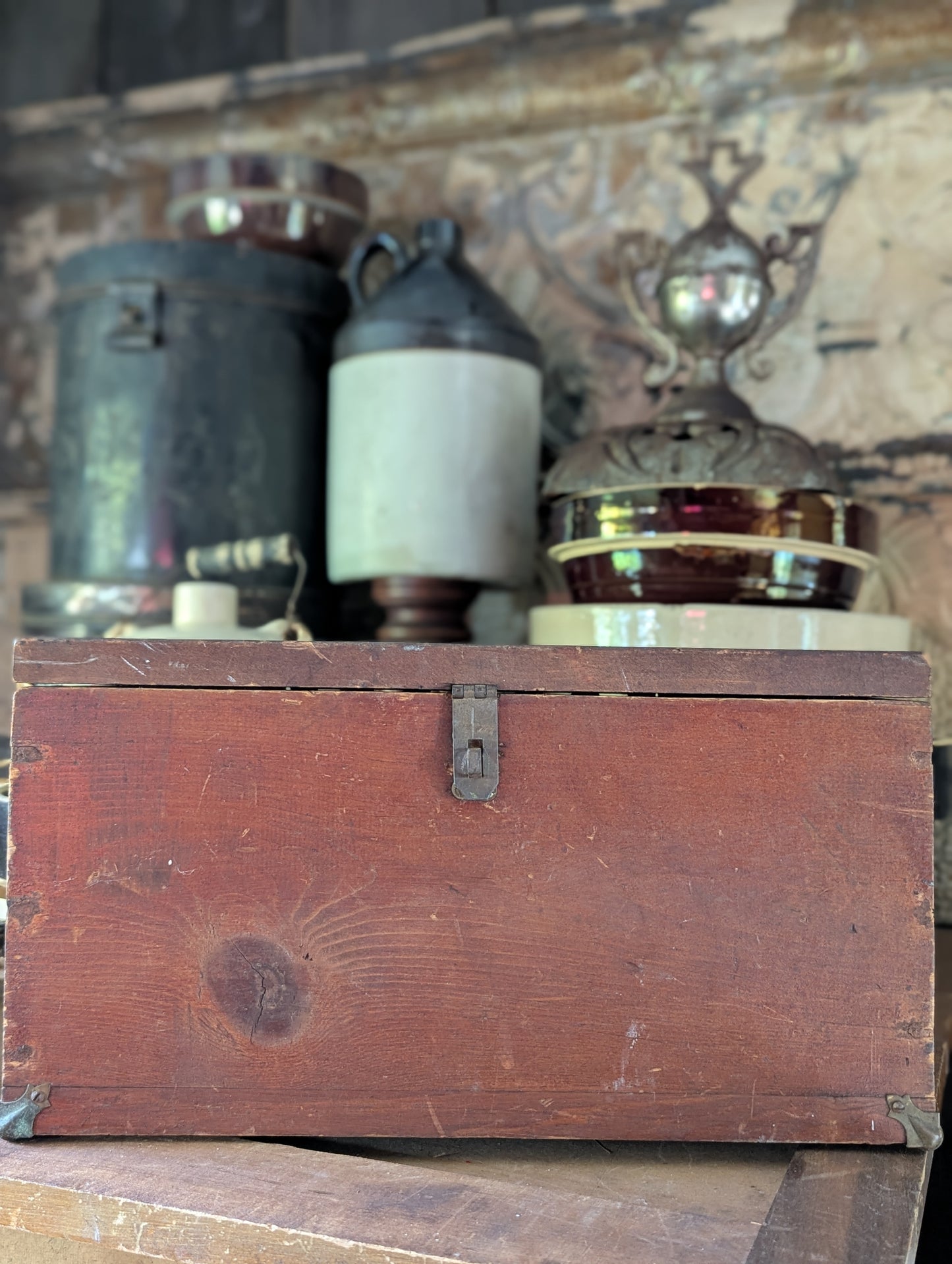 Vintage wooden box with hinged lid