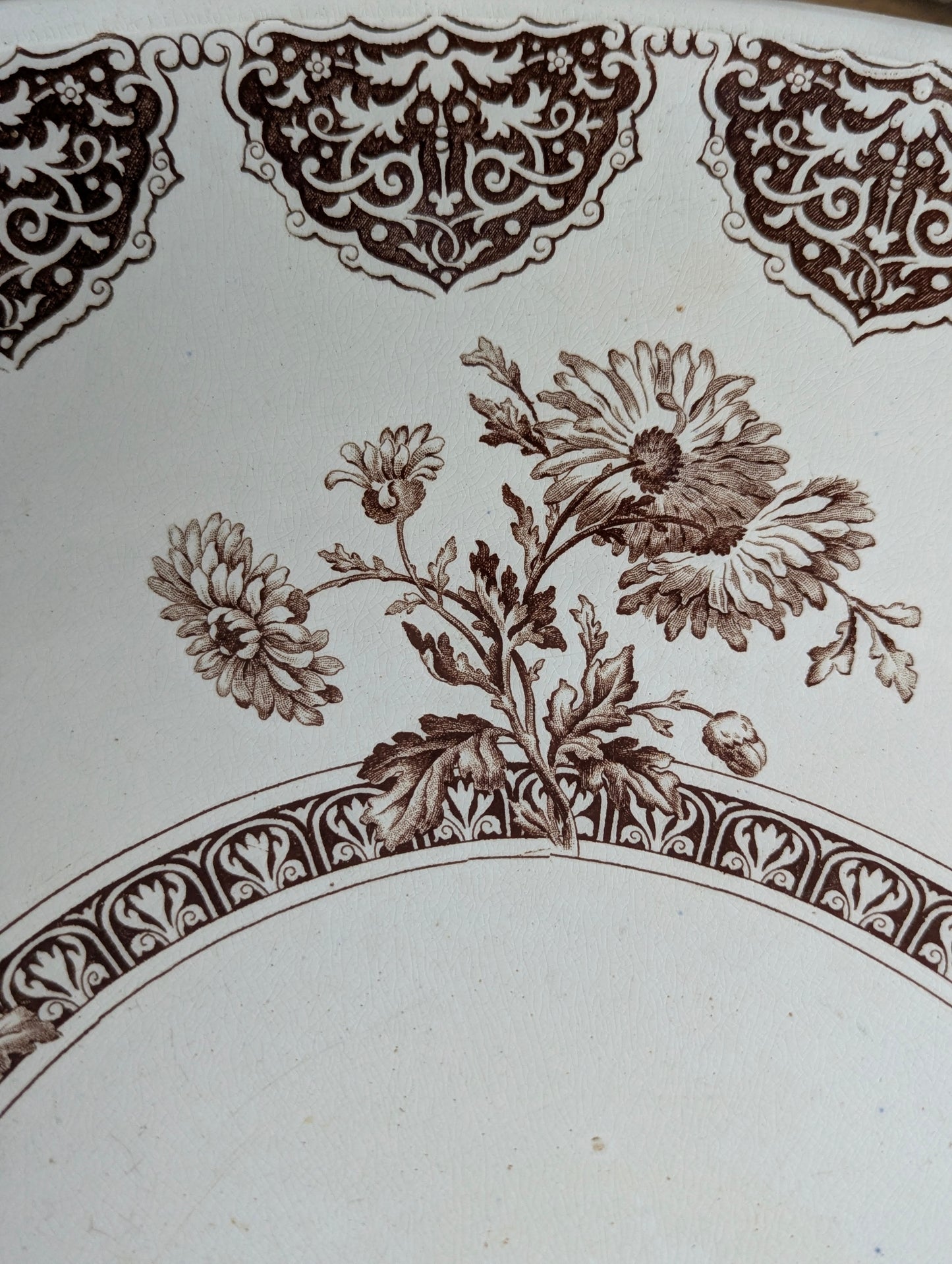 Brown English transferware pitcher and basin