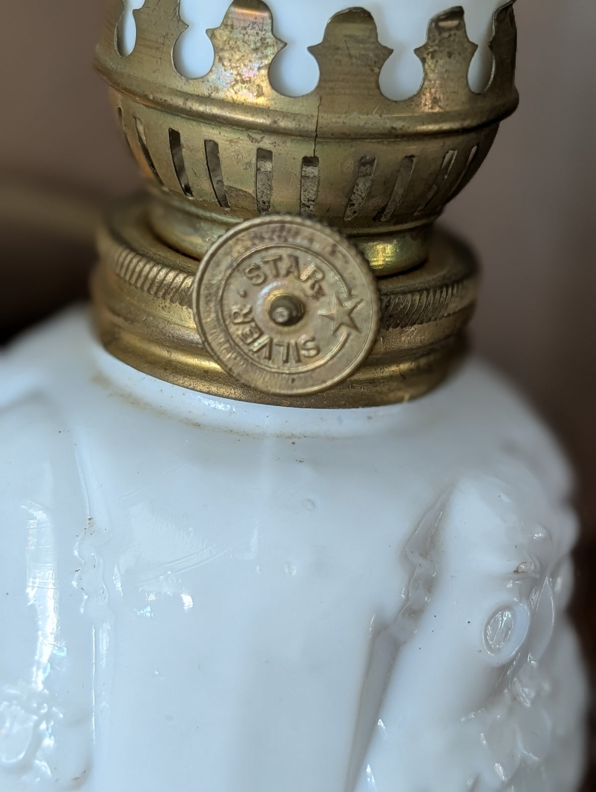 Owl milk glass oil lamp