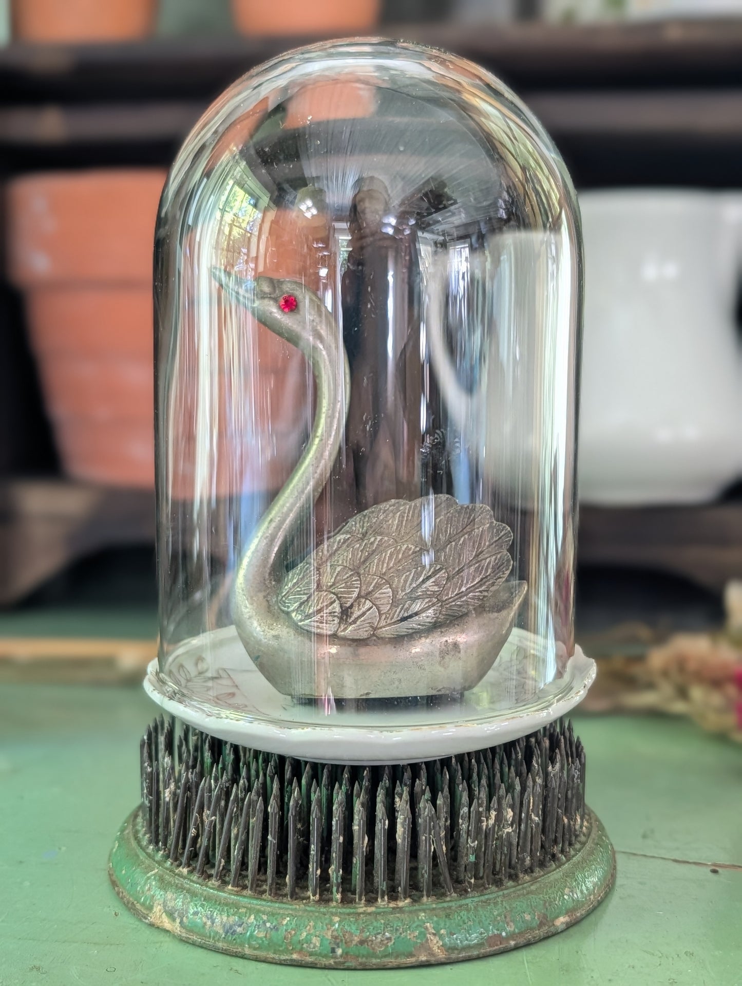 Swan, cloche, butter pat, flower frog collection