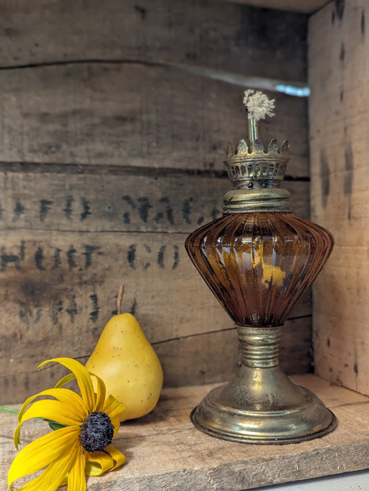 Amber Glass and metal oil lamp