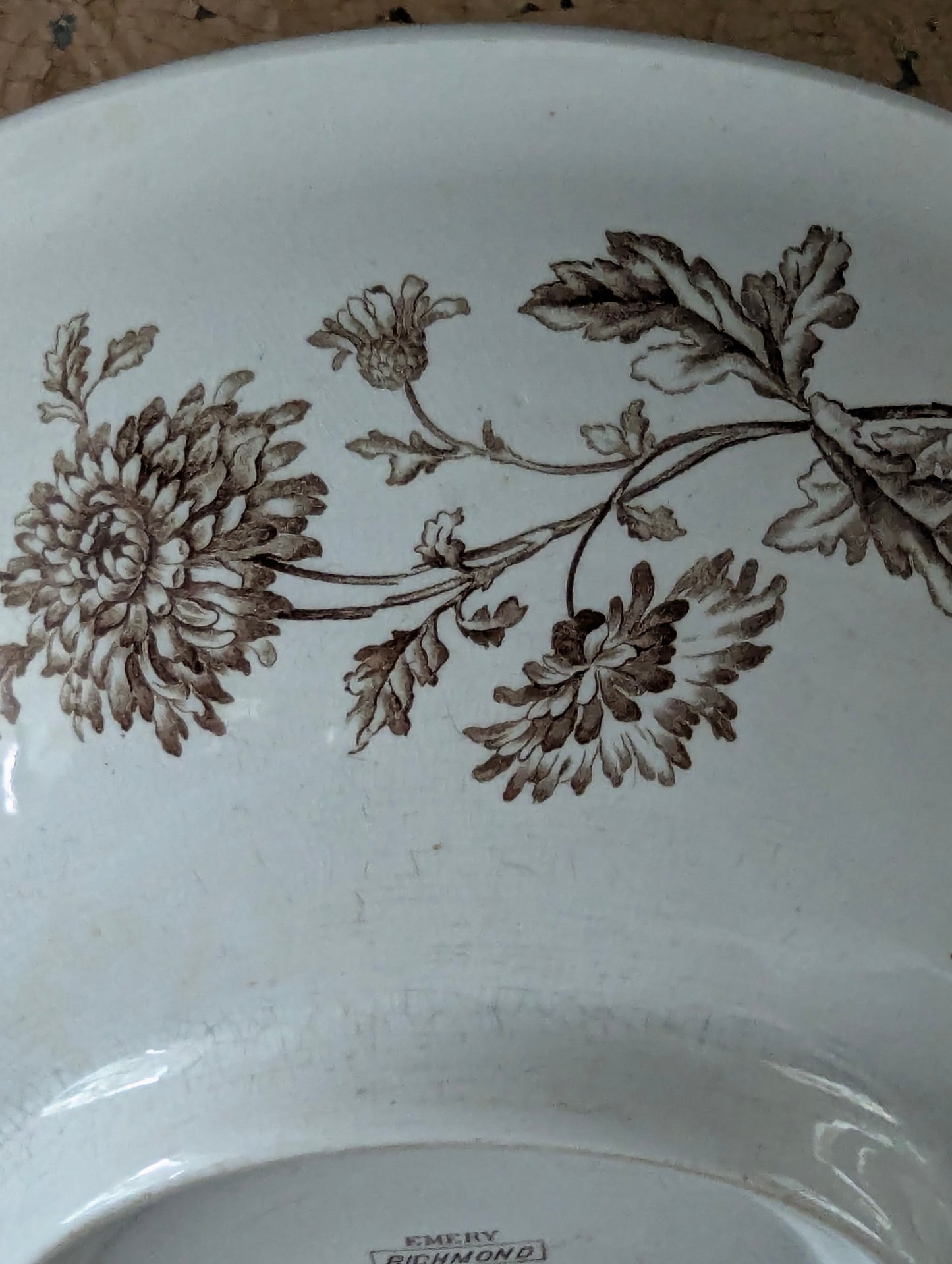 Brown English transferware pitcher and basin