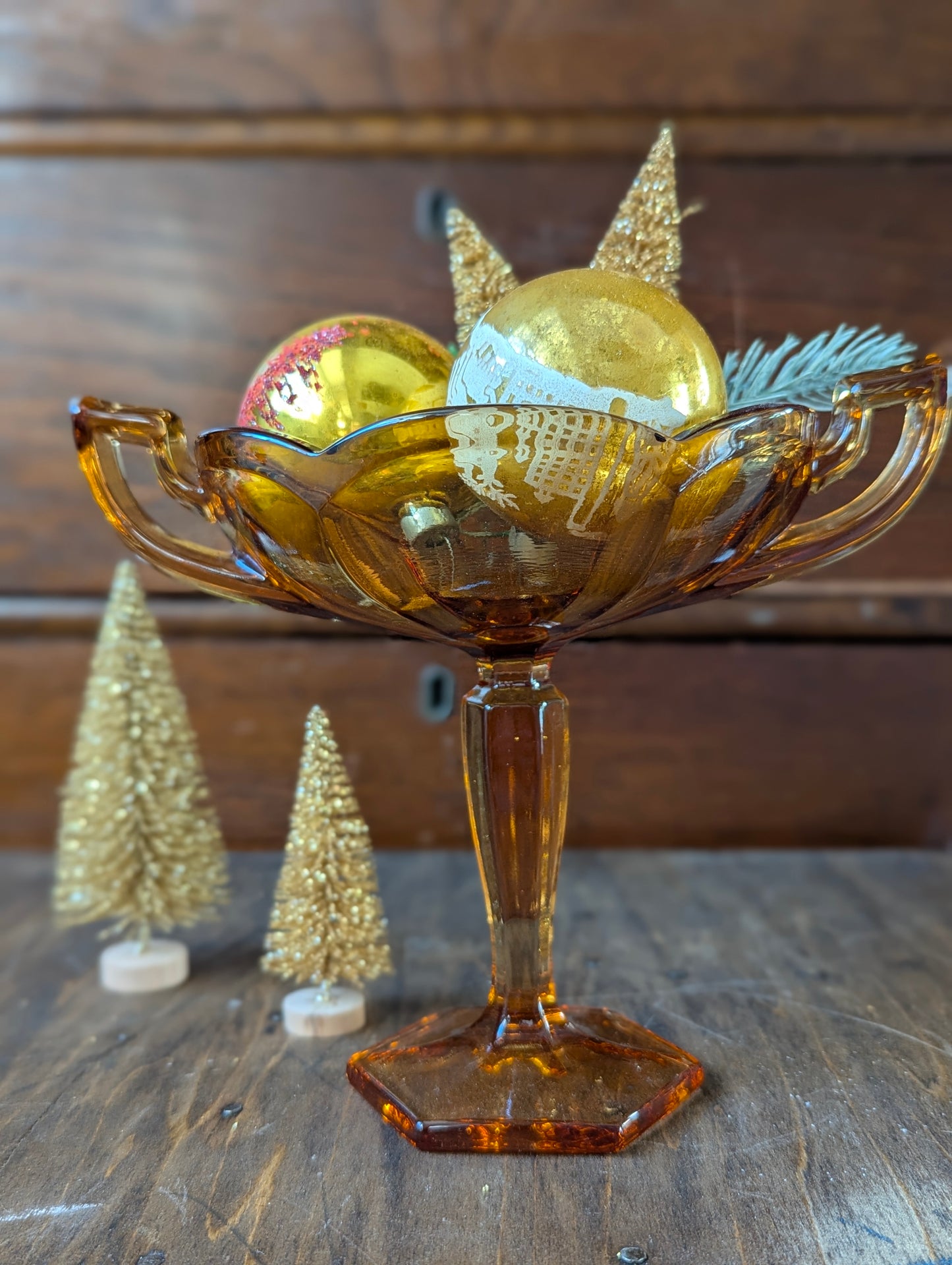 Amber glass compote pedestal fish