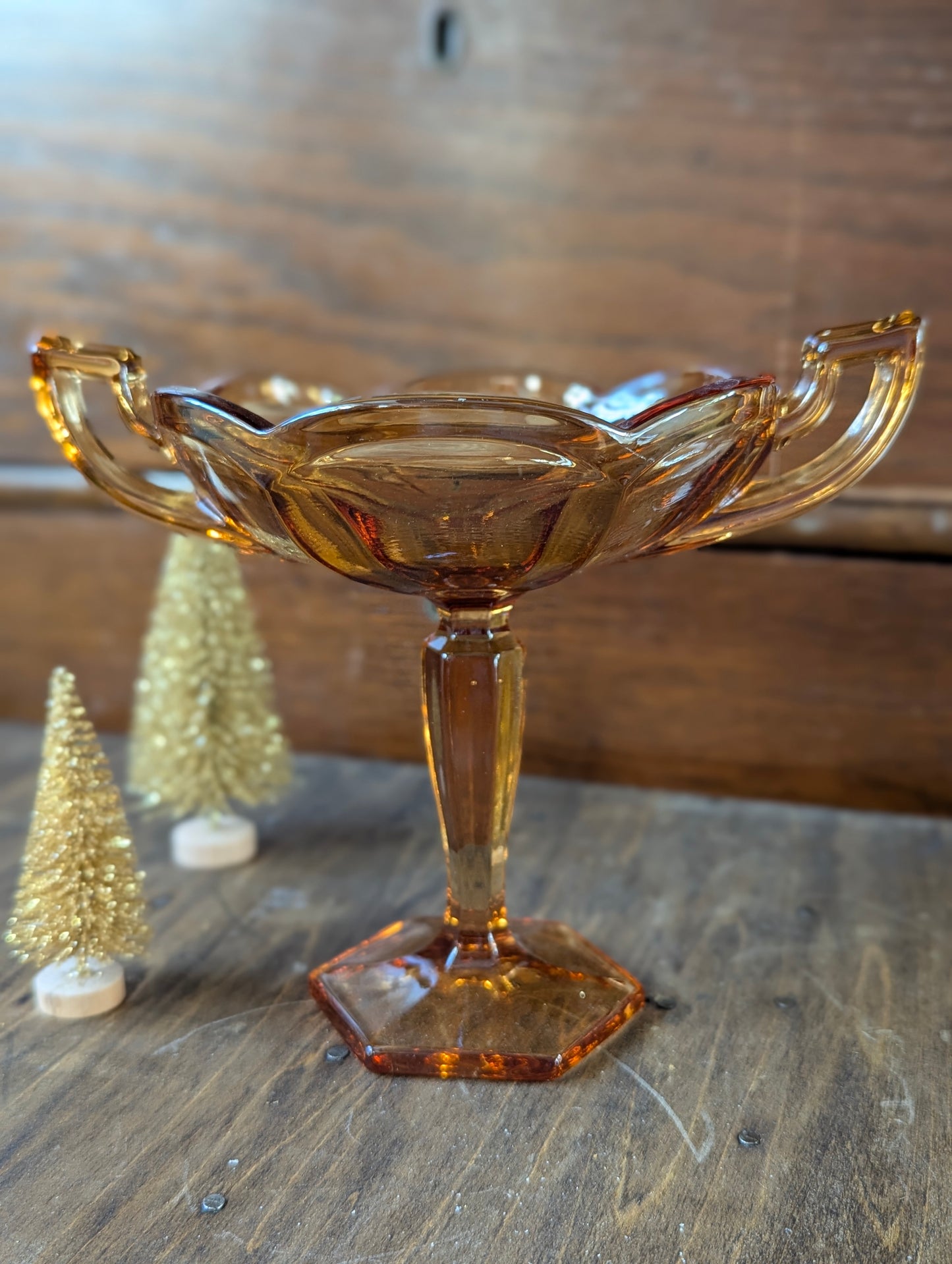 Amber glass compote pedestal fish