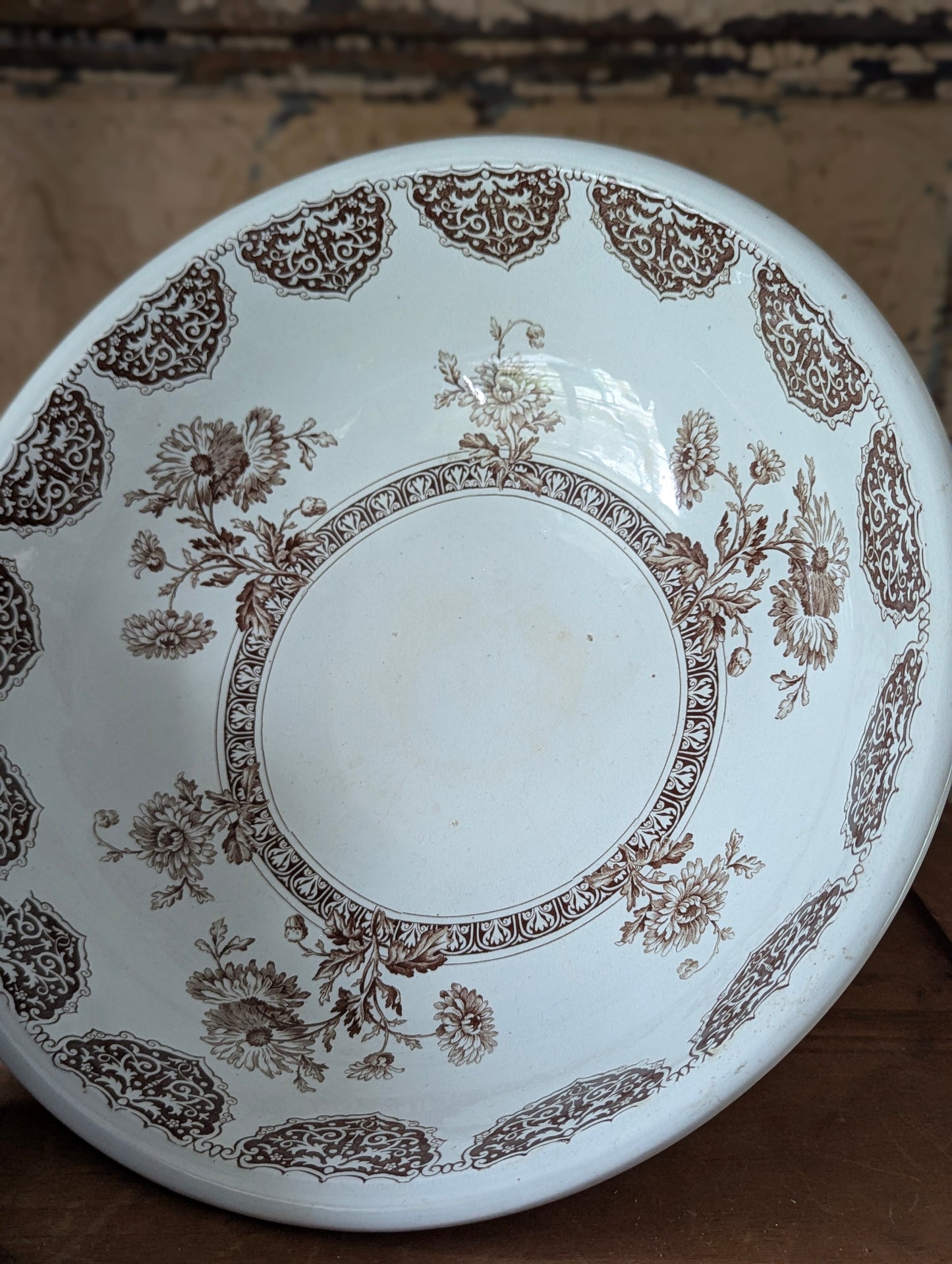 Brown English transferware pitcher and basin