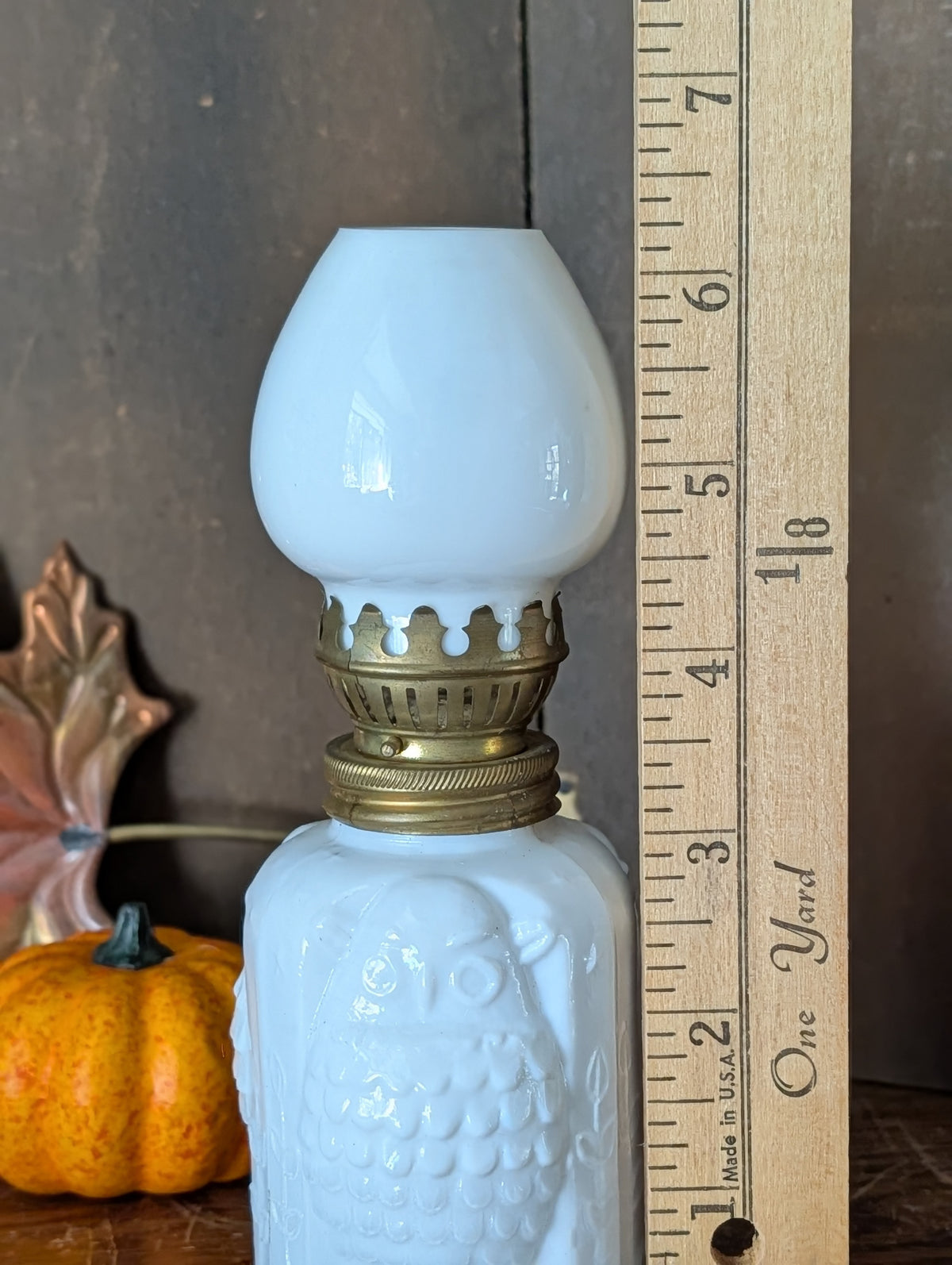 Owl milk glass oil lamp