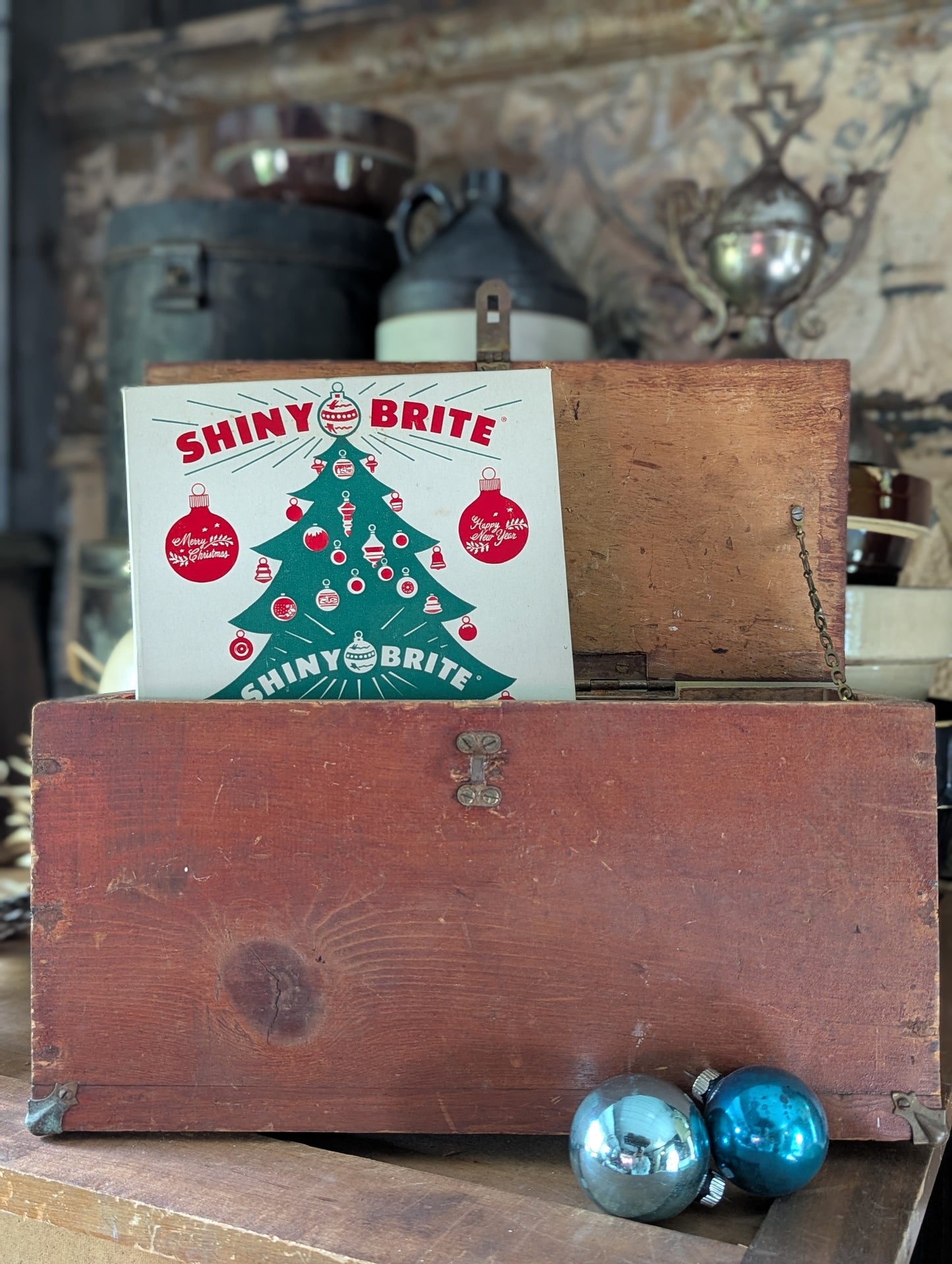 Vintage wooden box with hinged lid