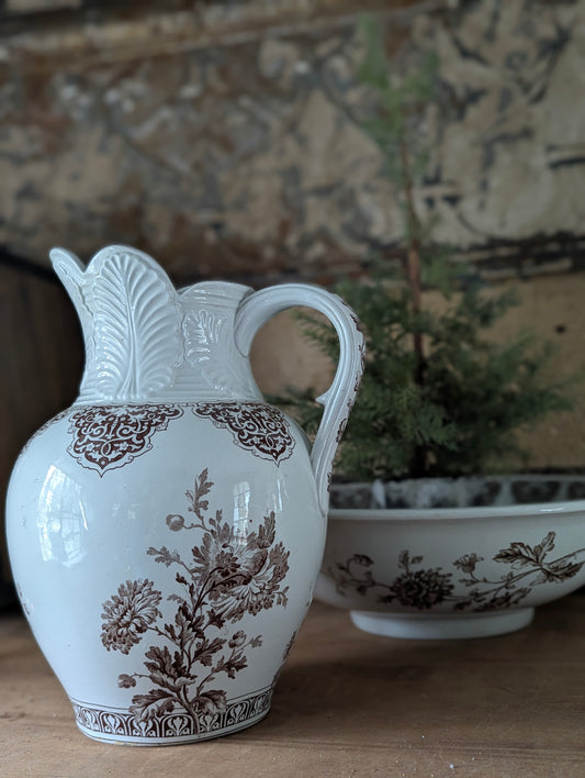 Brown English transferware pitcher and basin