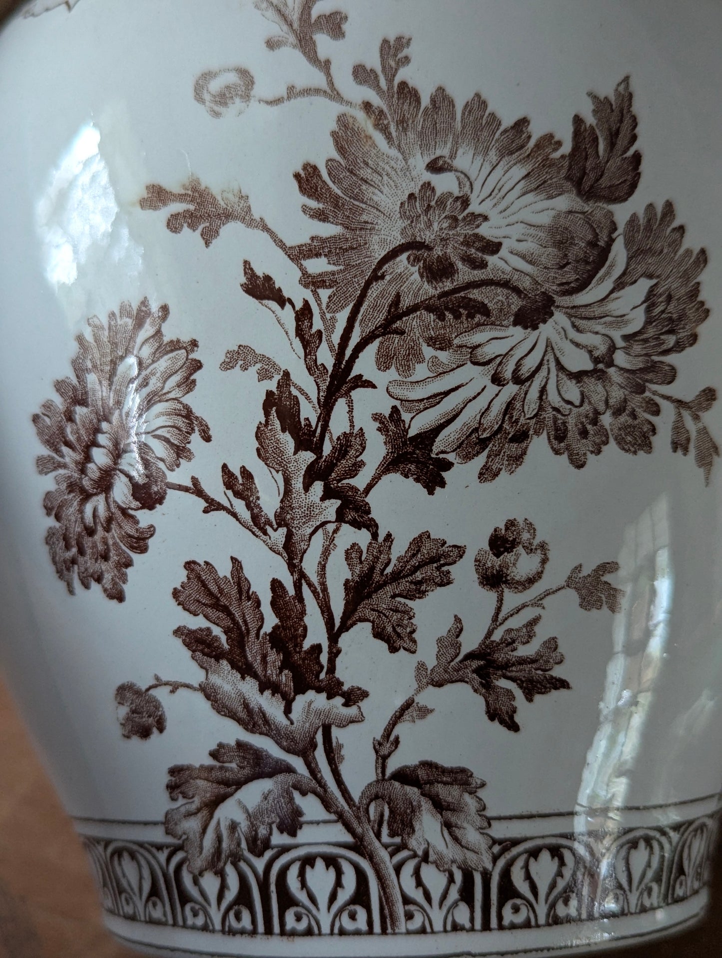 Brown English transferware pitcher and basin