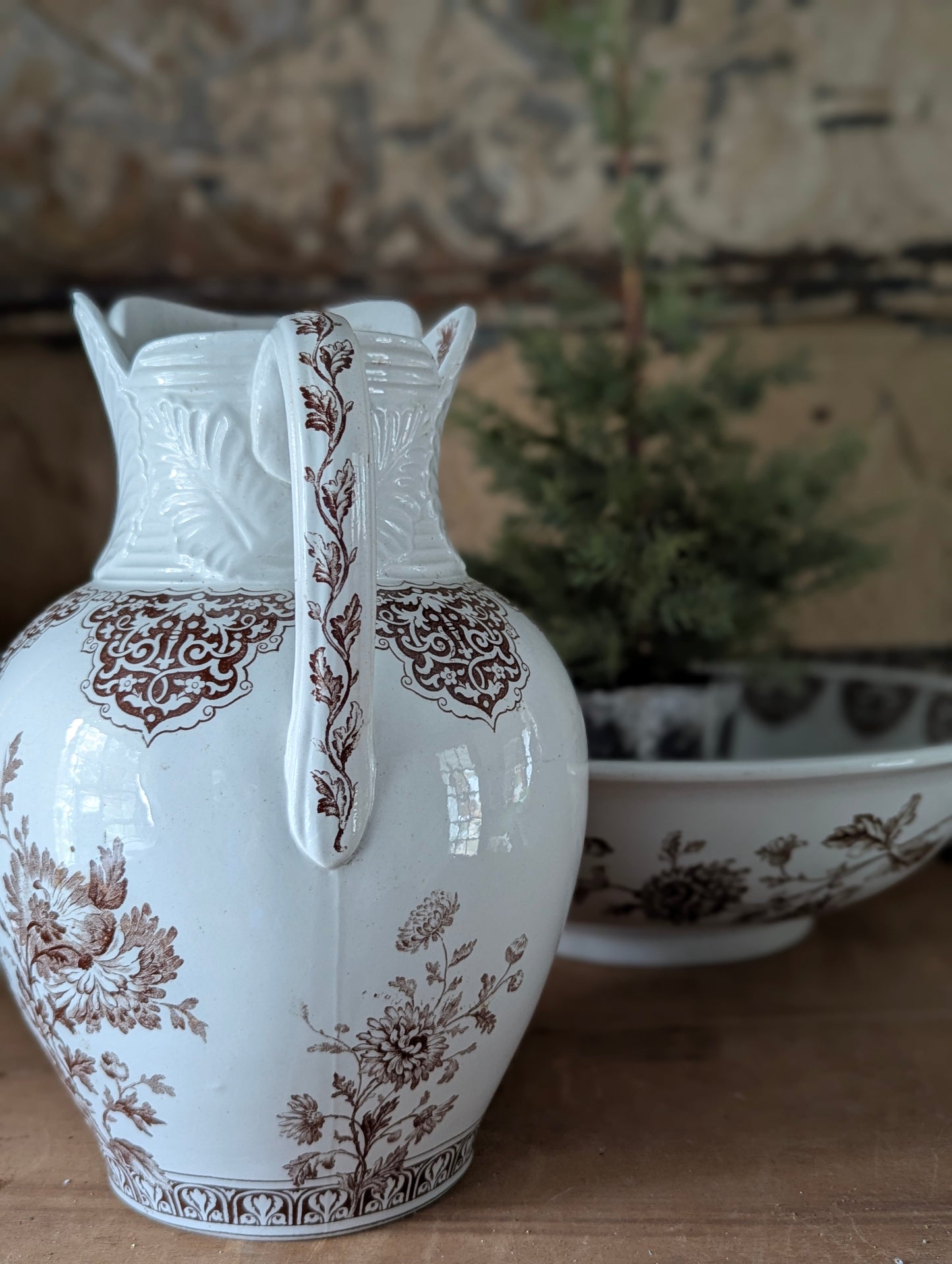 Brown English transferware pitcher and basin