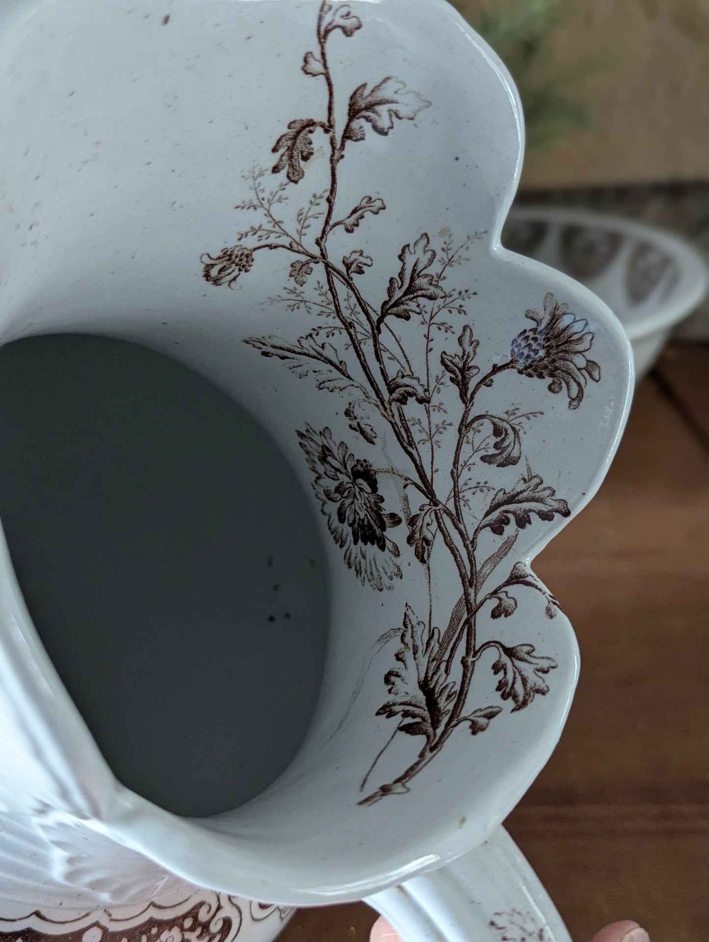 Brown English transferware pitcher and basin