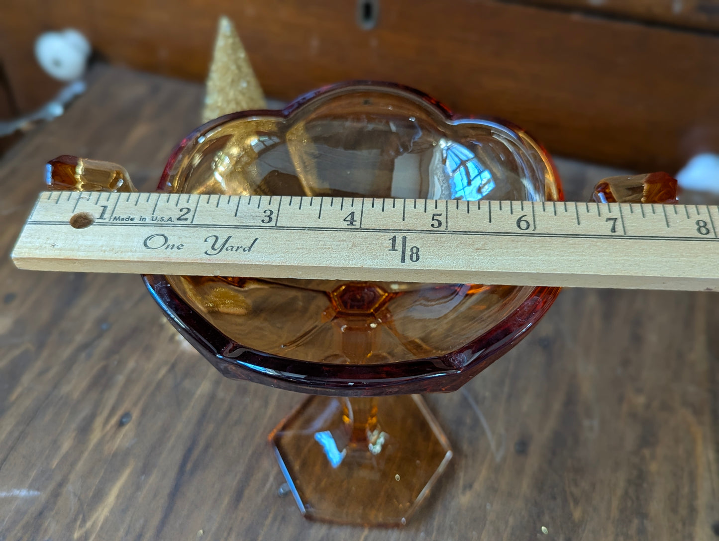 Amber glass compote pedestal fish