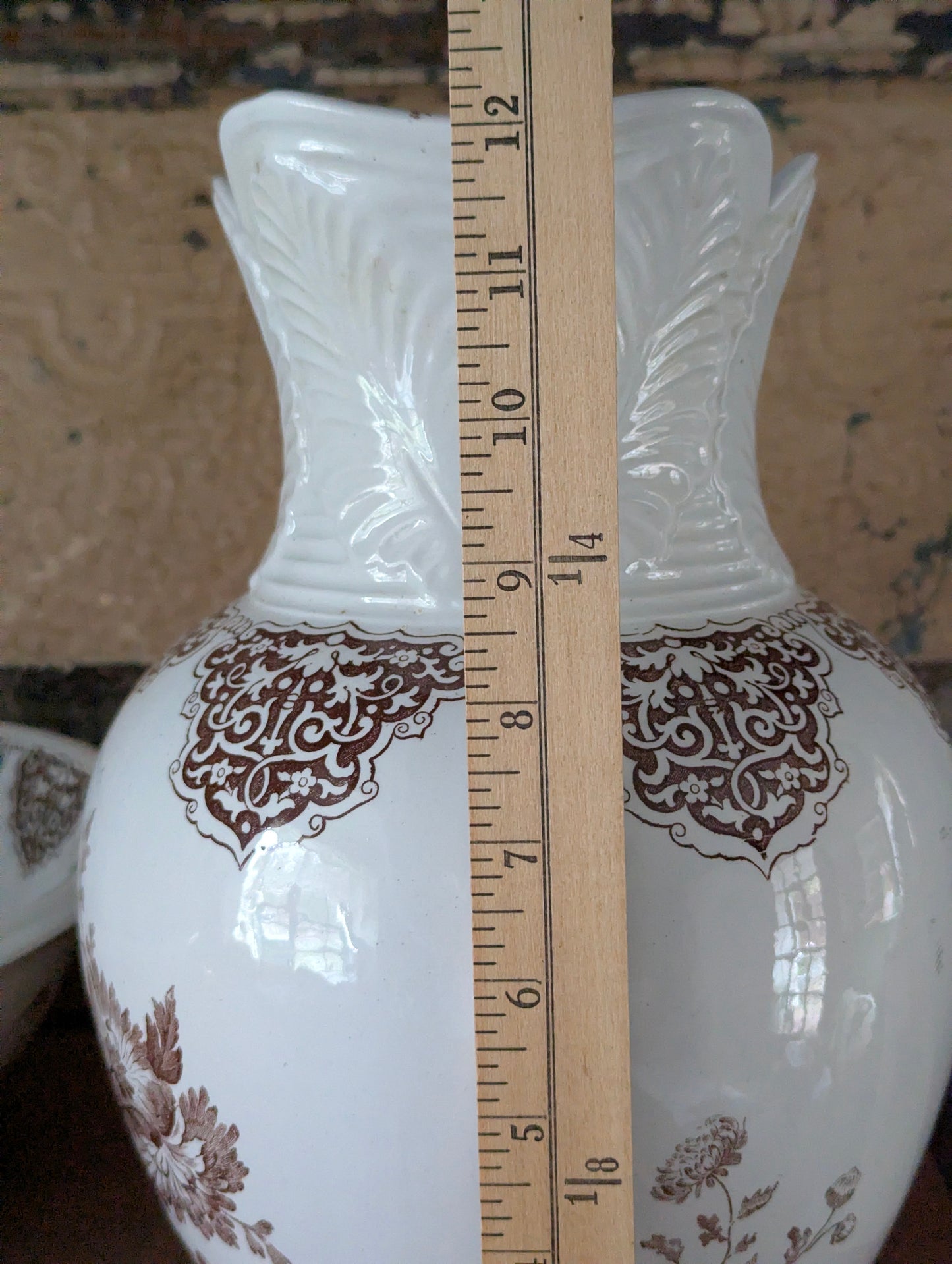 Brown English transferware pitcher and basin