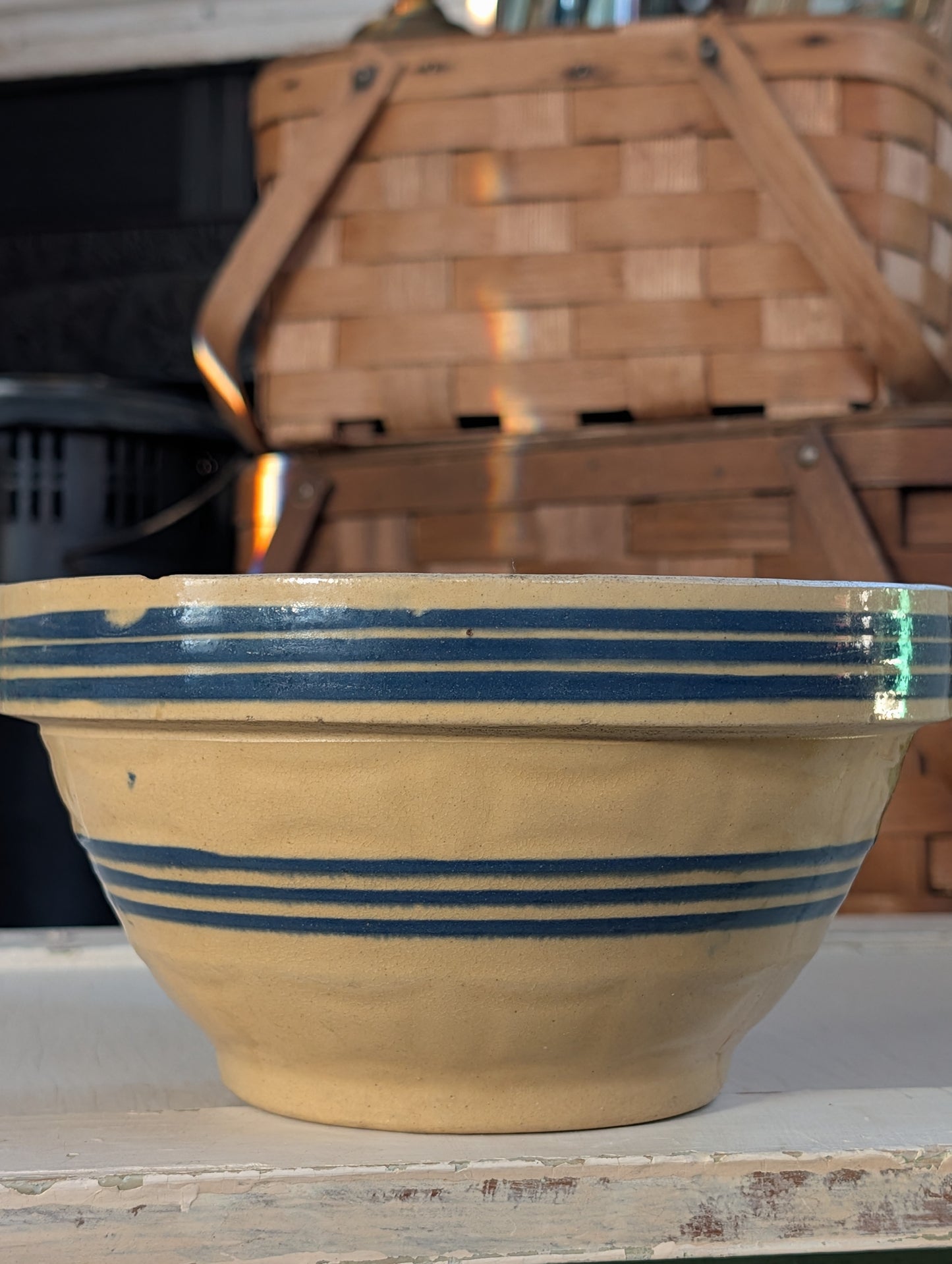 Yellow ware blue striped mixing bowl