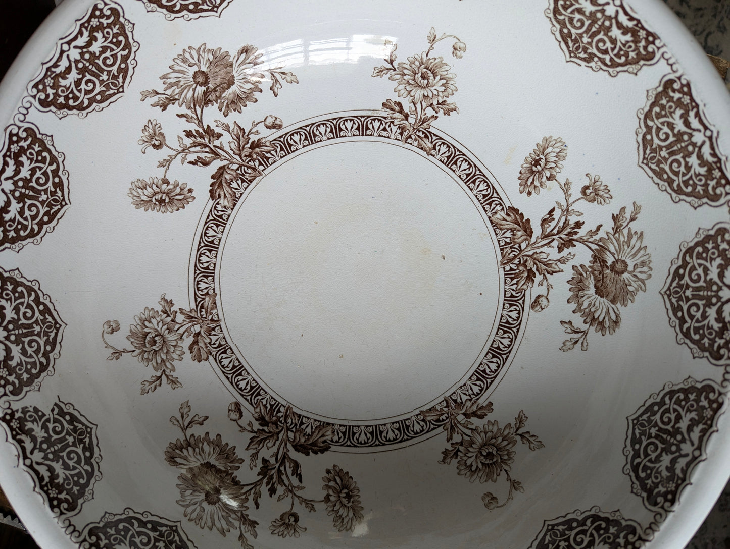Brown English transferware pitcher and basin