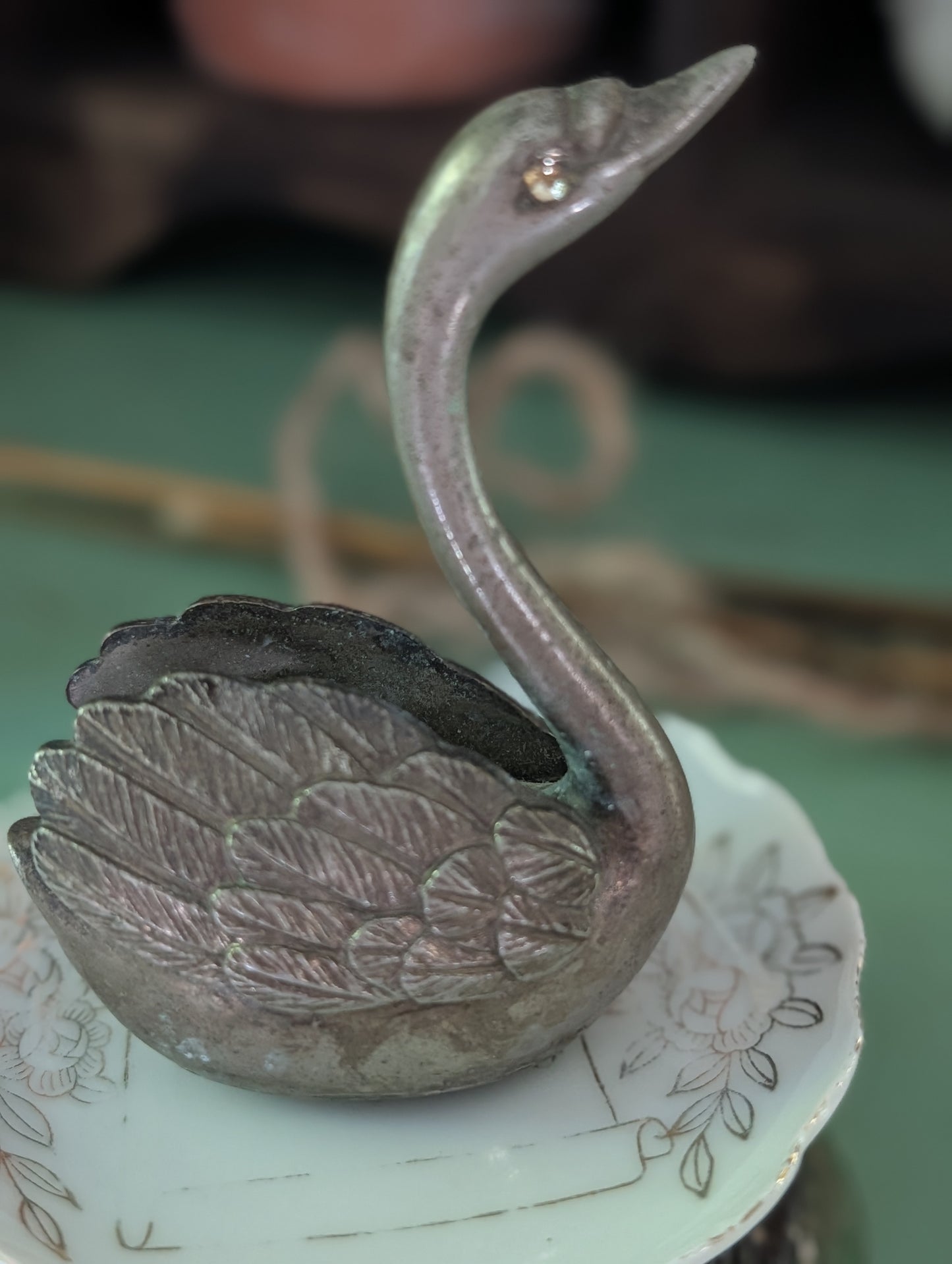 Swan, cloche, butter pat, flower frog collection